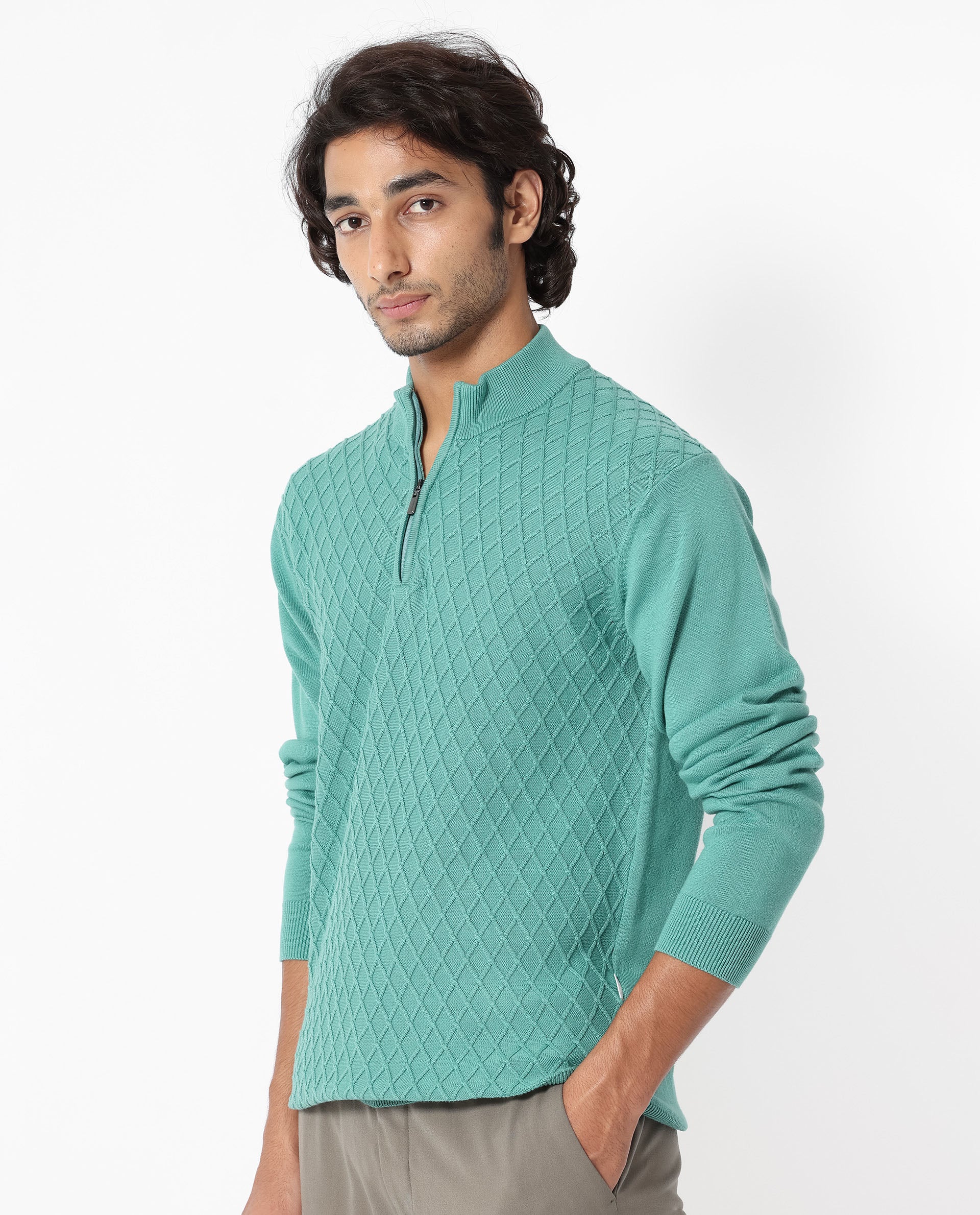 Rare Rabbit Men's Troyo Pastel Green Cotton Textured Relaxed Fit Full Sleeve High Neck Sweater - Image 4