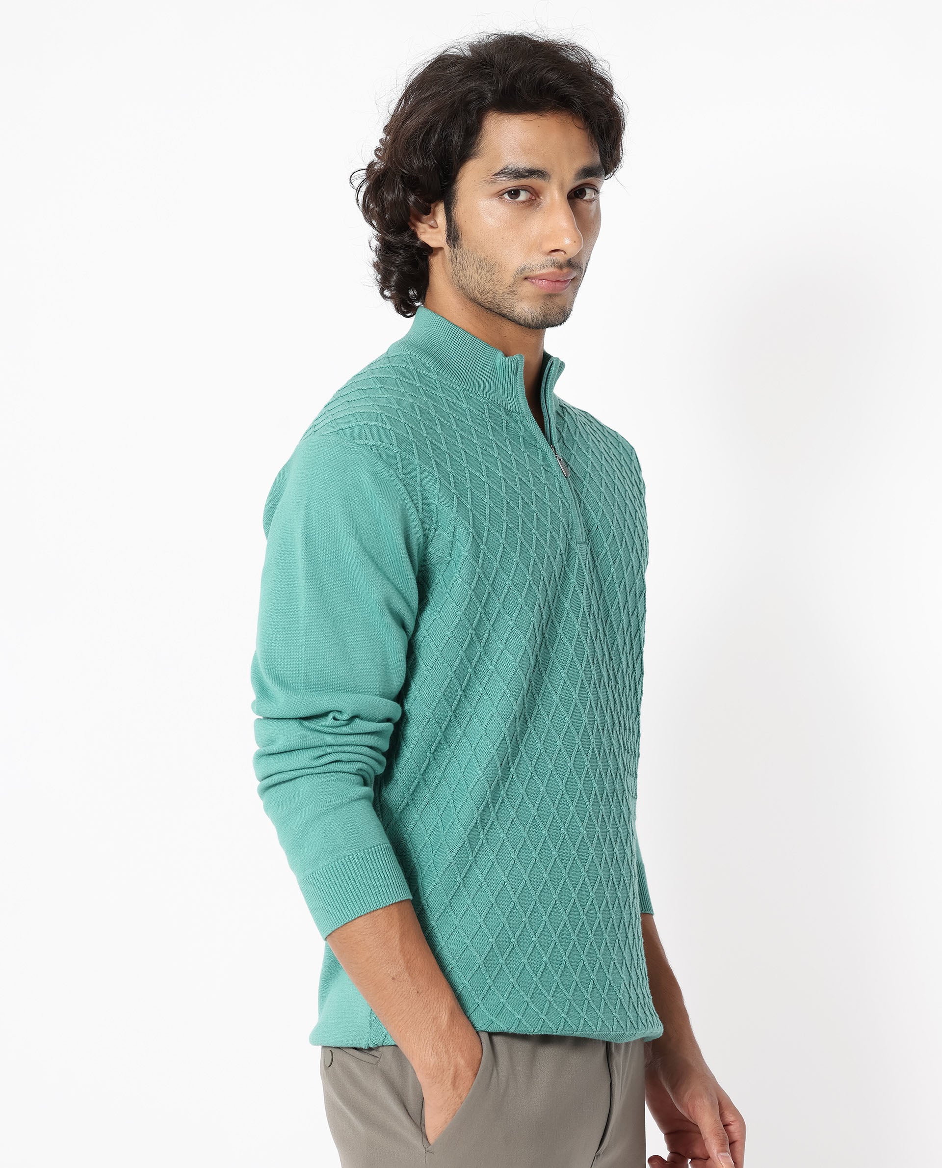 Rare Rabbit Men's Troyo Pastel Green Cotton Textured Relaxed Fit Full Sleeve High Neck Sweater - Image 5