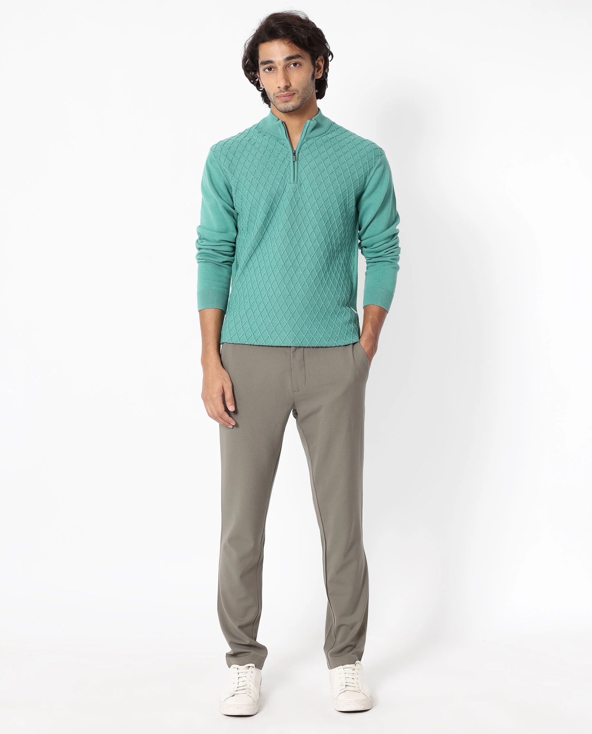 Rare Rabbit Men's Troyo Pastel Green Cotton Textured Relaxed Fit Full Sleeve High Neck Sweater - Image 6