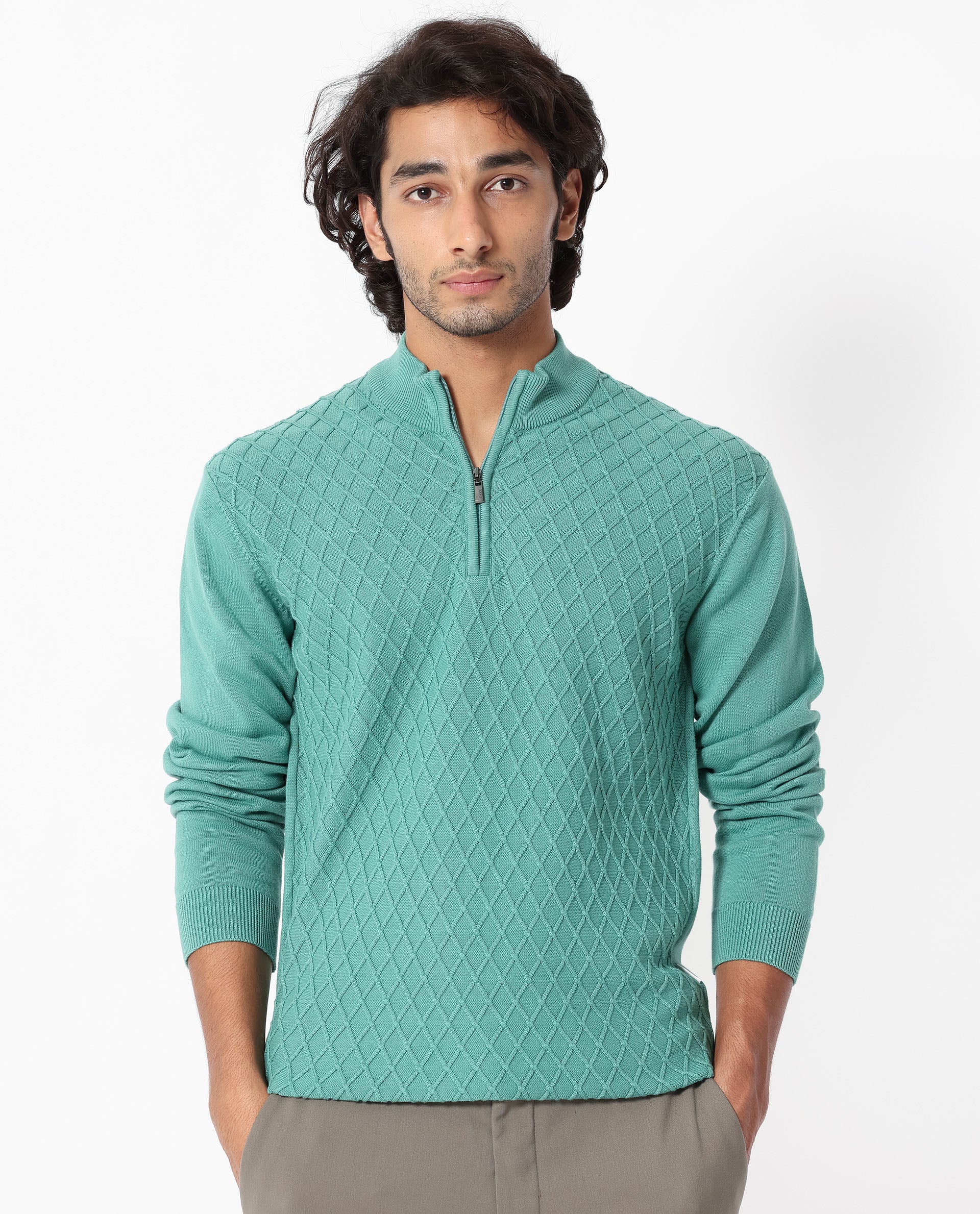 Rare Rabbit Men's Troyo Pastel Green Cotton Textured Relaxed Fit Full Sleeve High Neck Sweater - Image 7