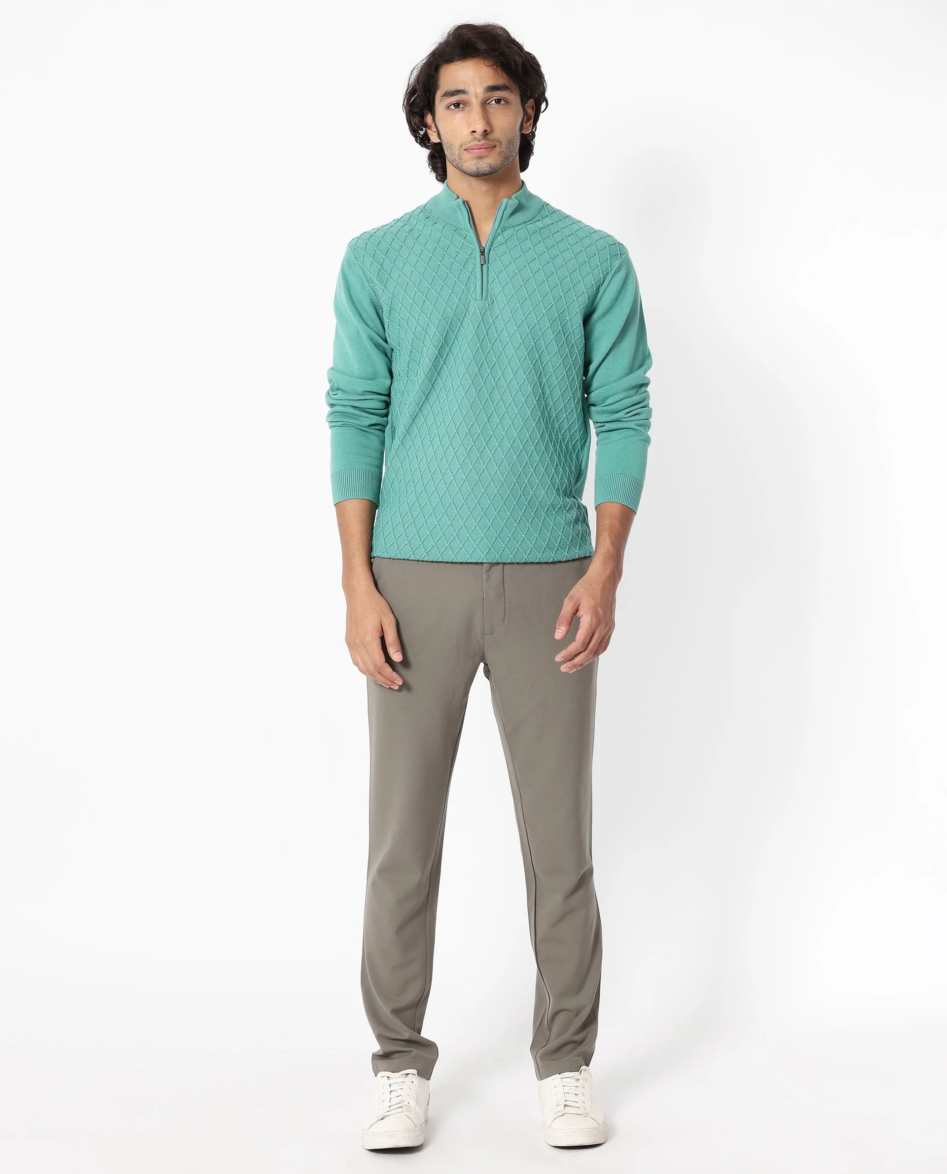 Rare Rabbit Men's Troyo Pastel Green Cotton Textured Relaxed Fit Full Sleeve High Neck Sweater - Image 8
