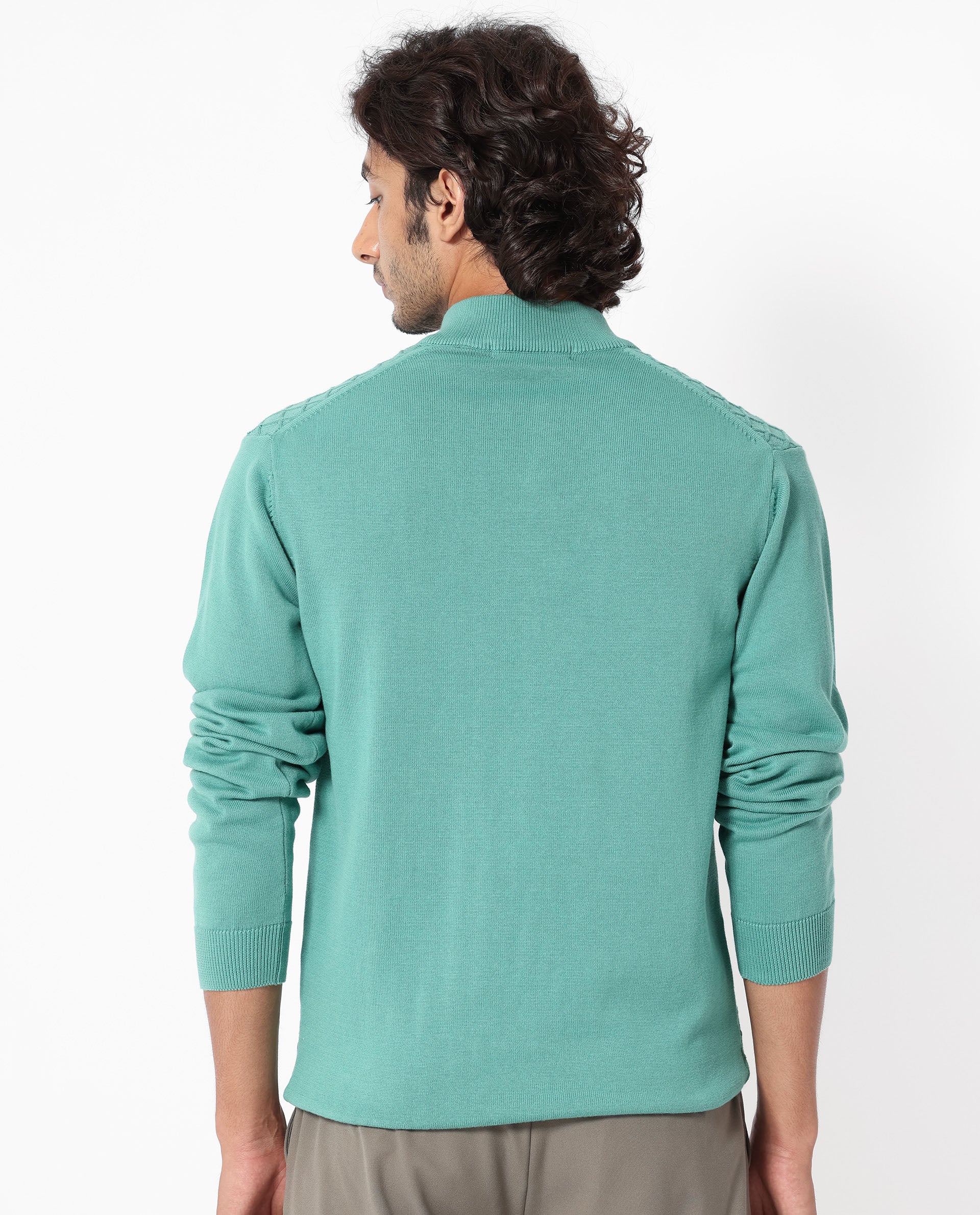 Rare Rabbit Men's Troyo Pastel Green Cotton Textured Relaxed Fit Full Sleeve High Neck Sweater - Image 9