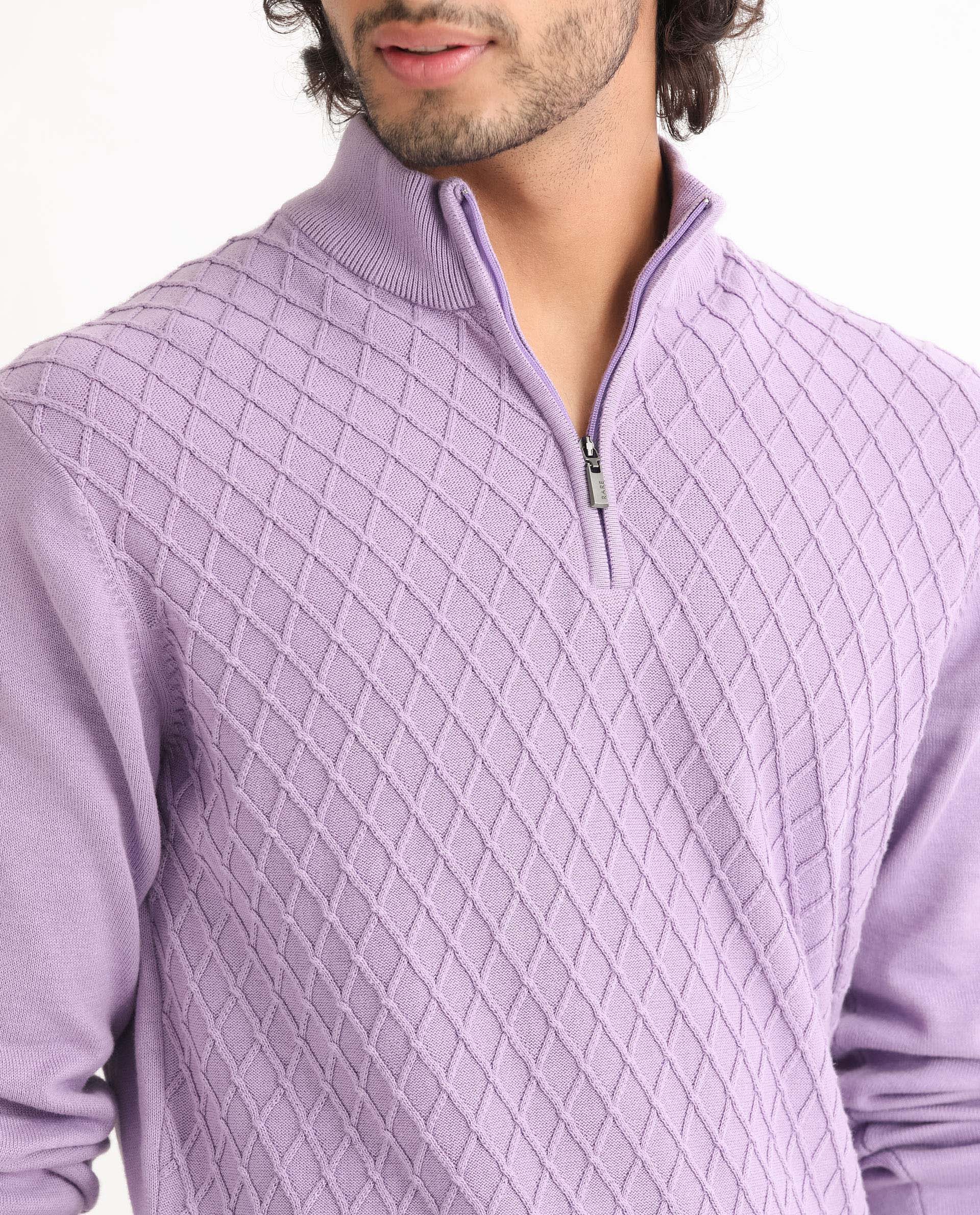 Rare Rabbit Men's Troyo Pastel Purple Cotton Textured Relaxed Fit Full Sleeve High Neck Sweater - Image 2