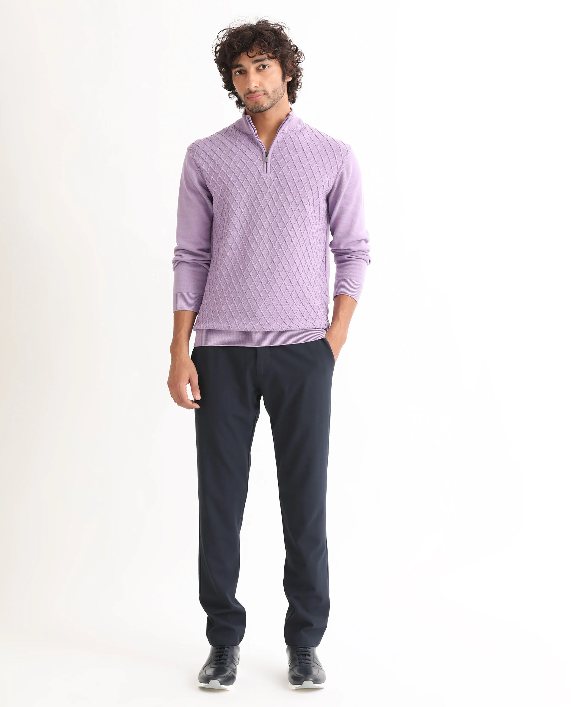 Rare Rabbit Men's Troyo Pastel Purple Cotton Textured Relaxed Fit Full Sleeve High Neck Sweater - Image 3