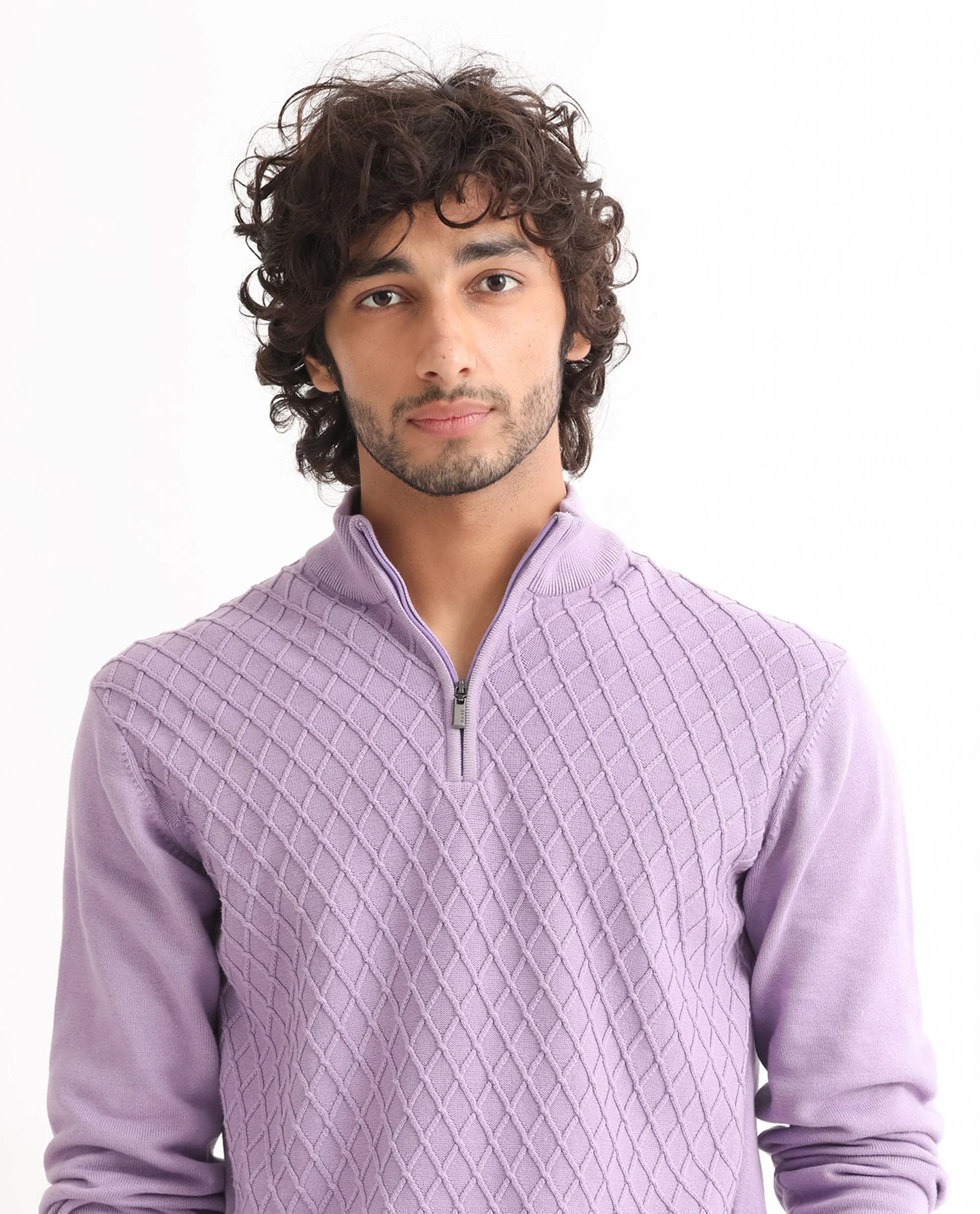 Rare Rabbit Men's Troyo Pastel Purple Cotton Textured Relaxed Fit Full Sleeve High Neck Sweater - Image 4