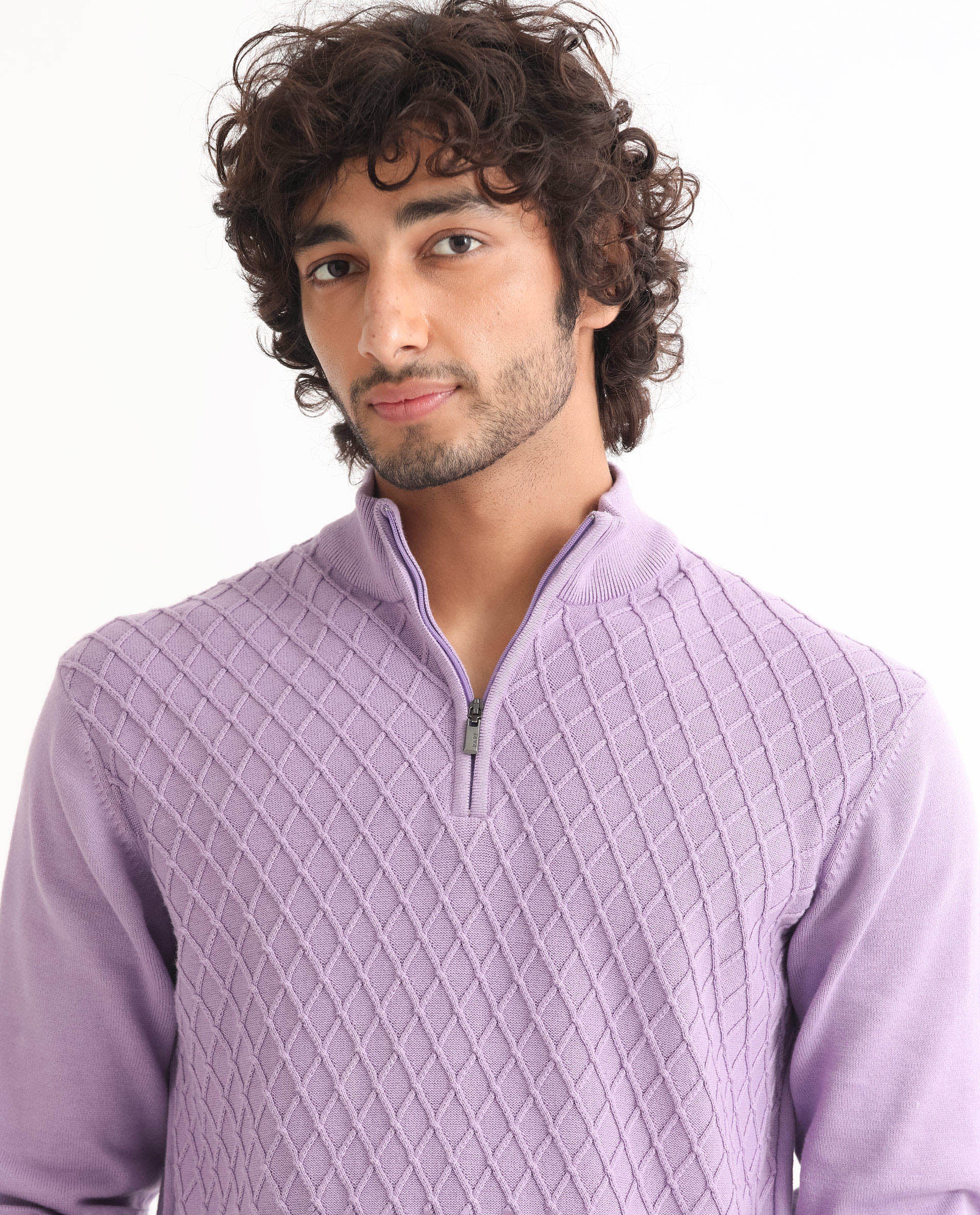 Rare Rabbit Men's Troyo Pastel Purple Cotton Textured Relaxed Fit Full Sleeve High Neck Sweater - Image 5