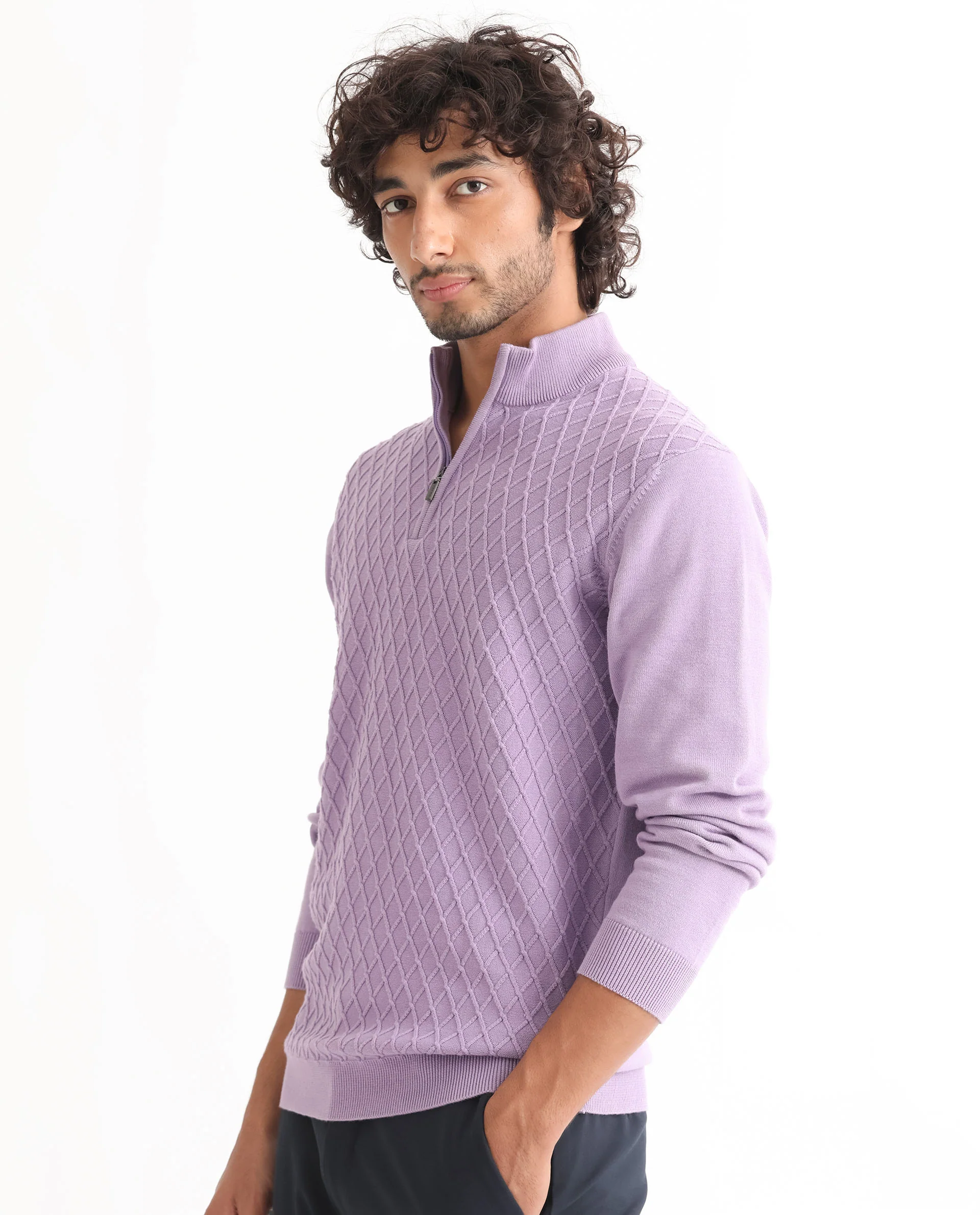 Rare Rabbit Men's Troyo Pastel Purple Cotton Textured Relaxed Fit Full Sleeve High Neck Sweater - Image 6