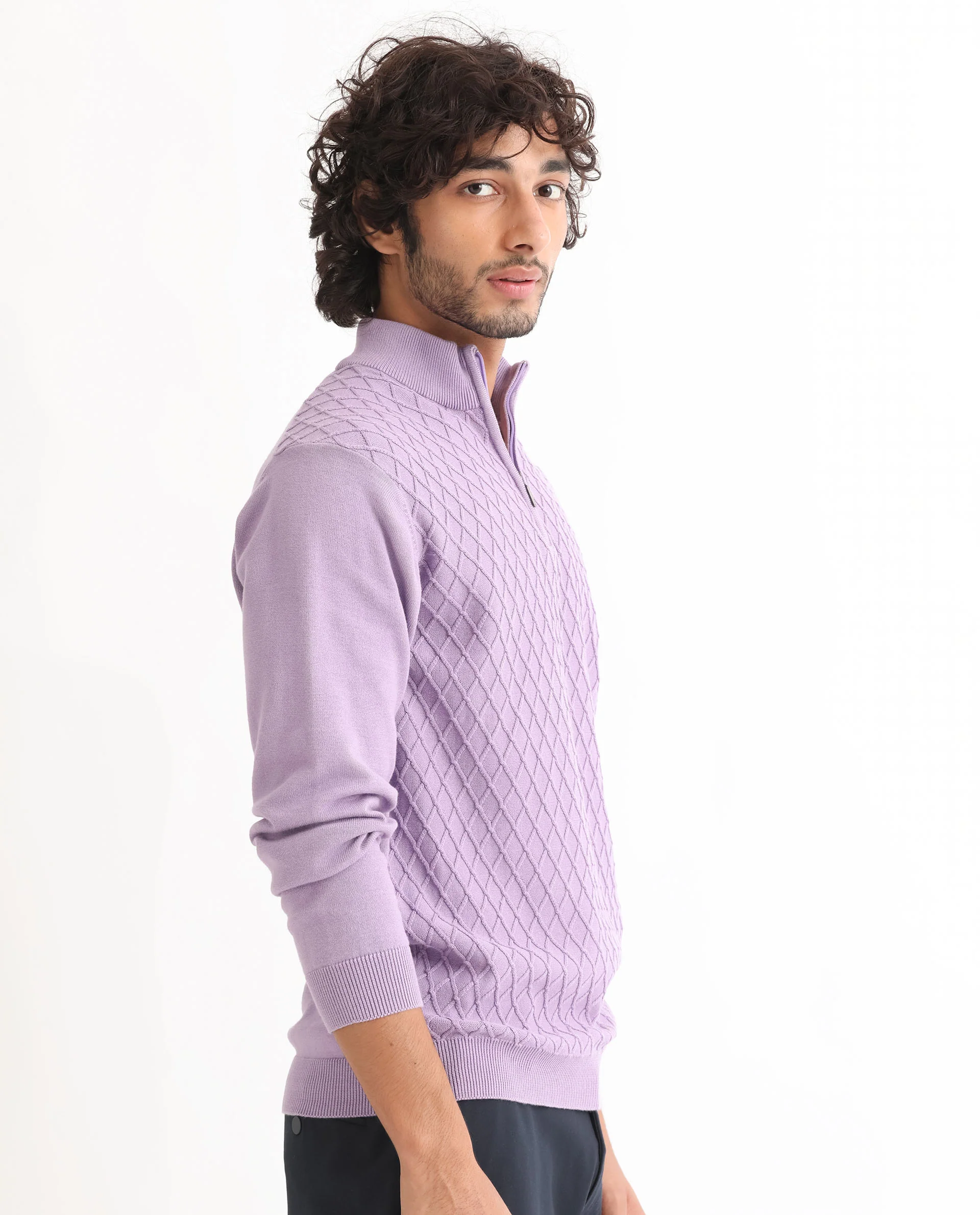 Rare Rabbit Men's Troyo Pastel Purple Cotton Textured Relaxed Fit Full Sleeve High Neck Sweater - Image 7