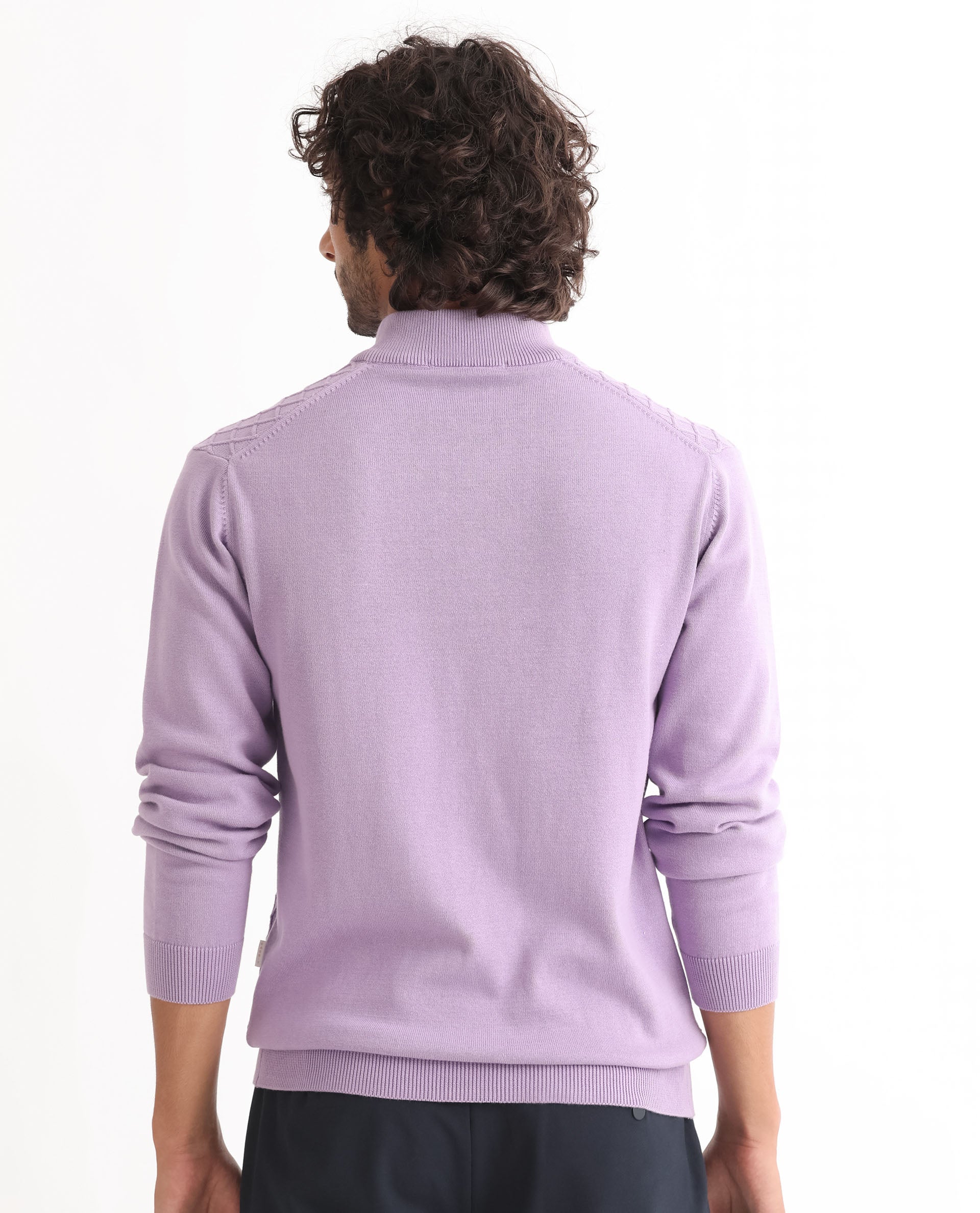 Rare Rabbit Men's Troyo Pastel Purple Cotton Textured Relaxed Fit Full Sleeve High Neck Sweater - Image 8