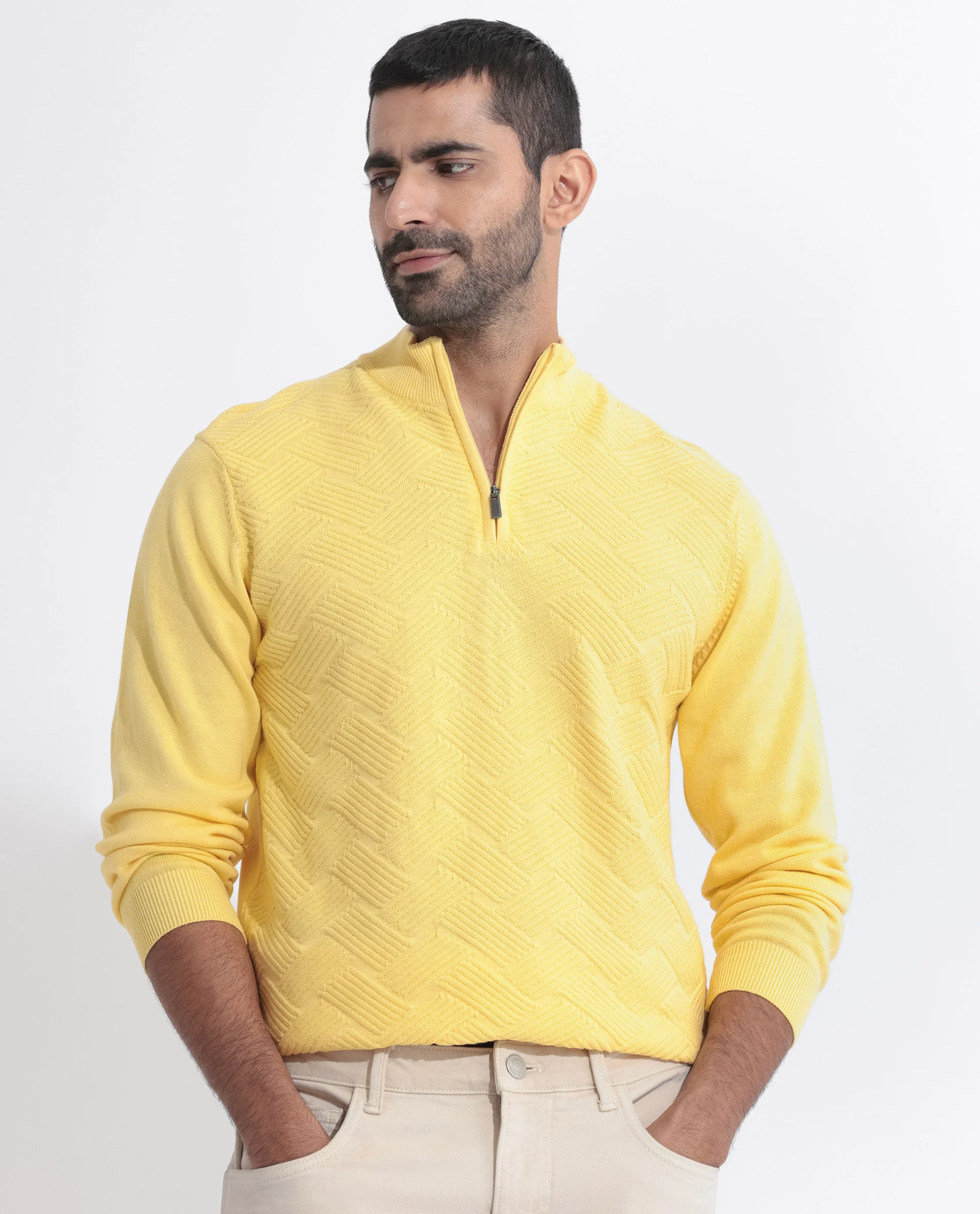 Rare Rabbit Men's Troyo Yellow Cotton Textured Relaxed Fit Full Sleeve High Neck Sweater