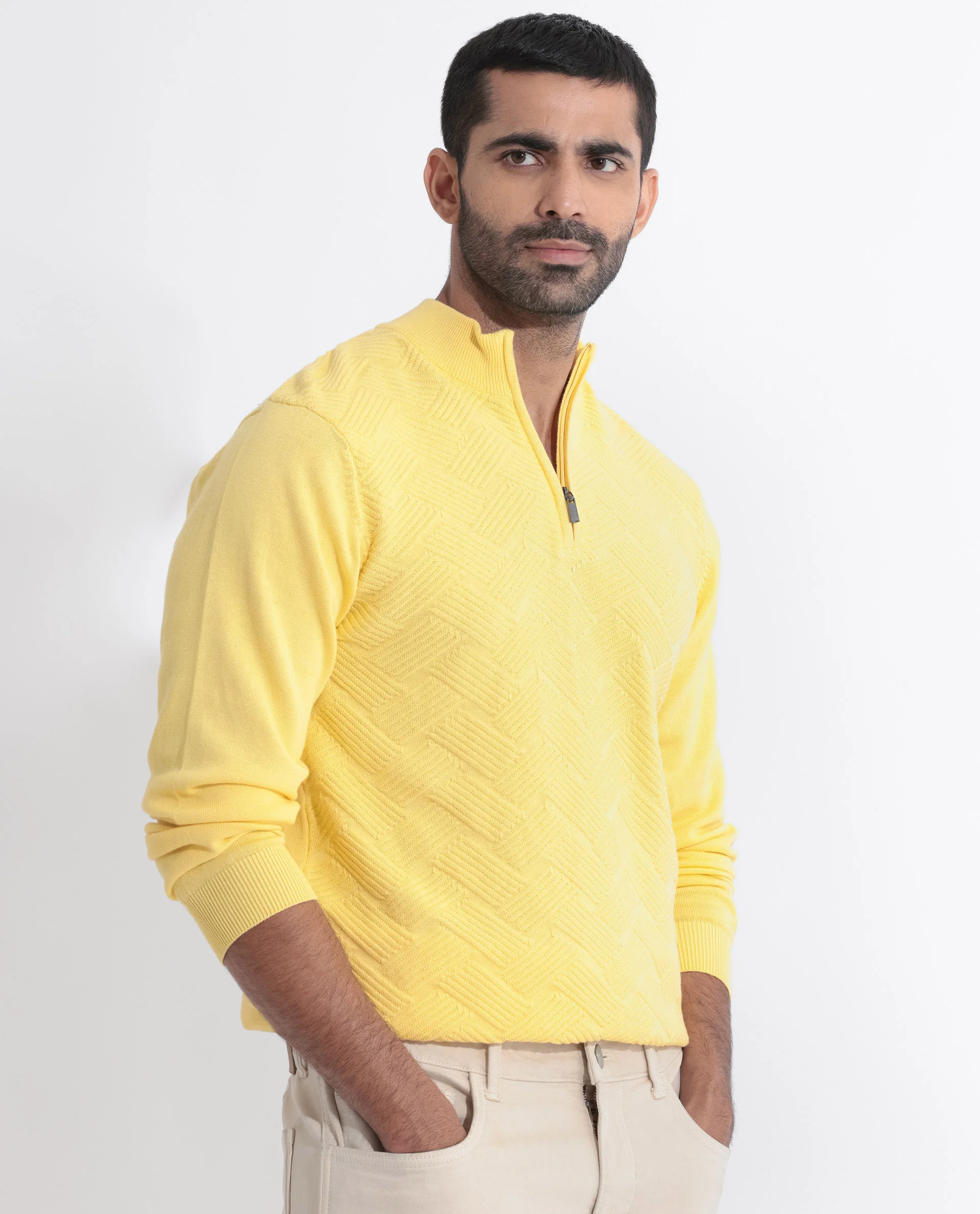 Rare Rabbit Men's Troyo Yellow Cotton Textured Relaxed Fit Full Sleeve High Neck Sweater - Image 2
