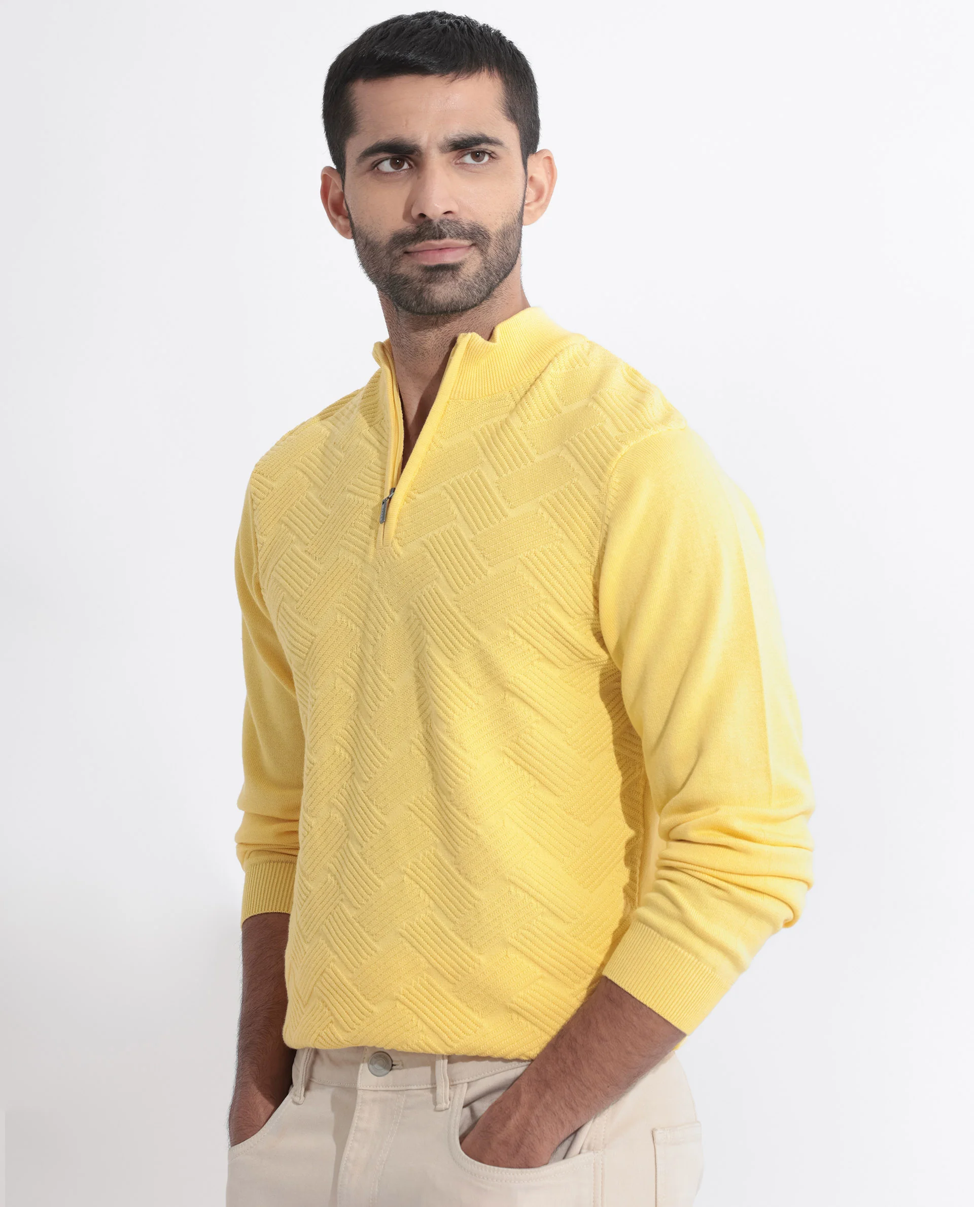 Rare Rabbit Men's Troyo Yellow Cotton Textured Relaxed Fit Full Sleeve High Neck Sweater - Image 3