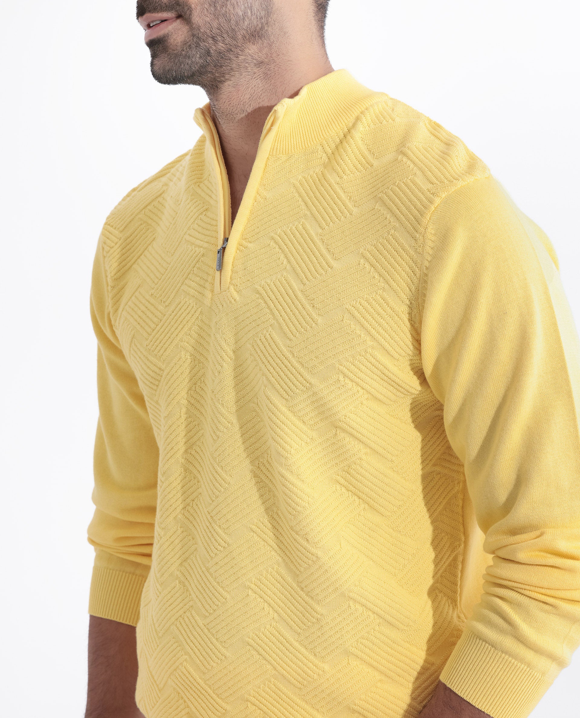 Rare Rabbit Men's Troyo Yellow Cotton Textured Relaxed Fit Full Sleeve High Neck Sweater - Image 4