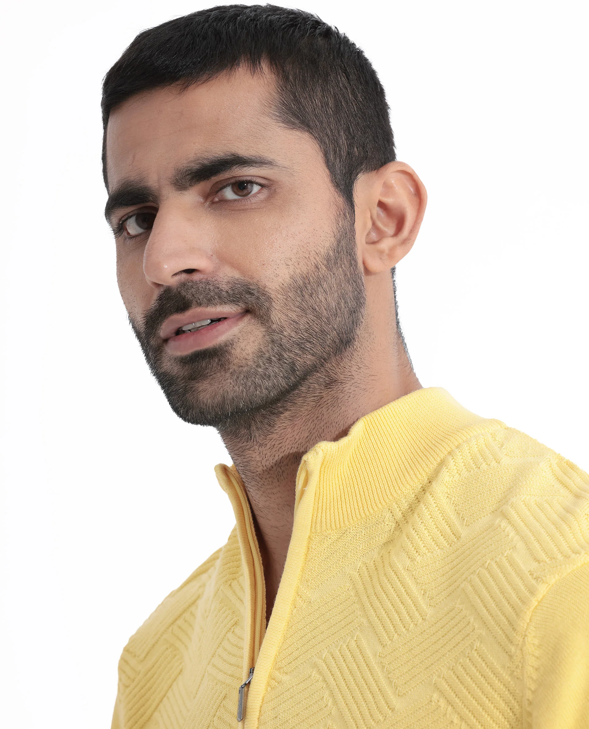 Rare Rabbit Men's Troyo Yellow Cotton Textured Relaxed Fit Full Sleeve High Neck Sweater - Image 5