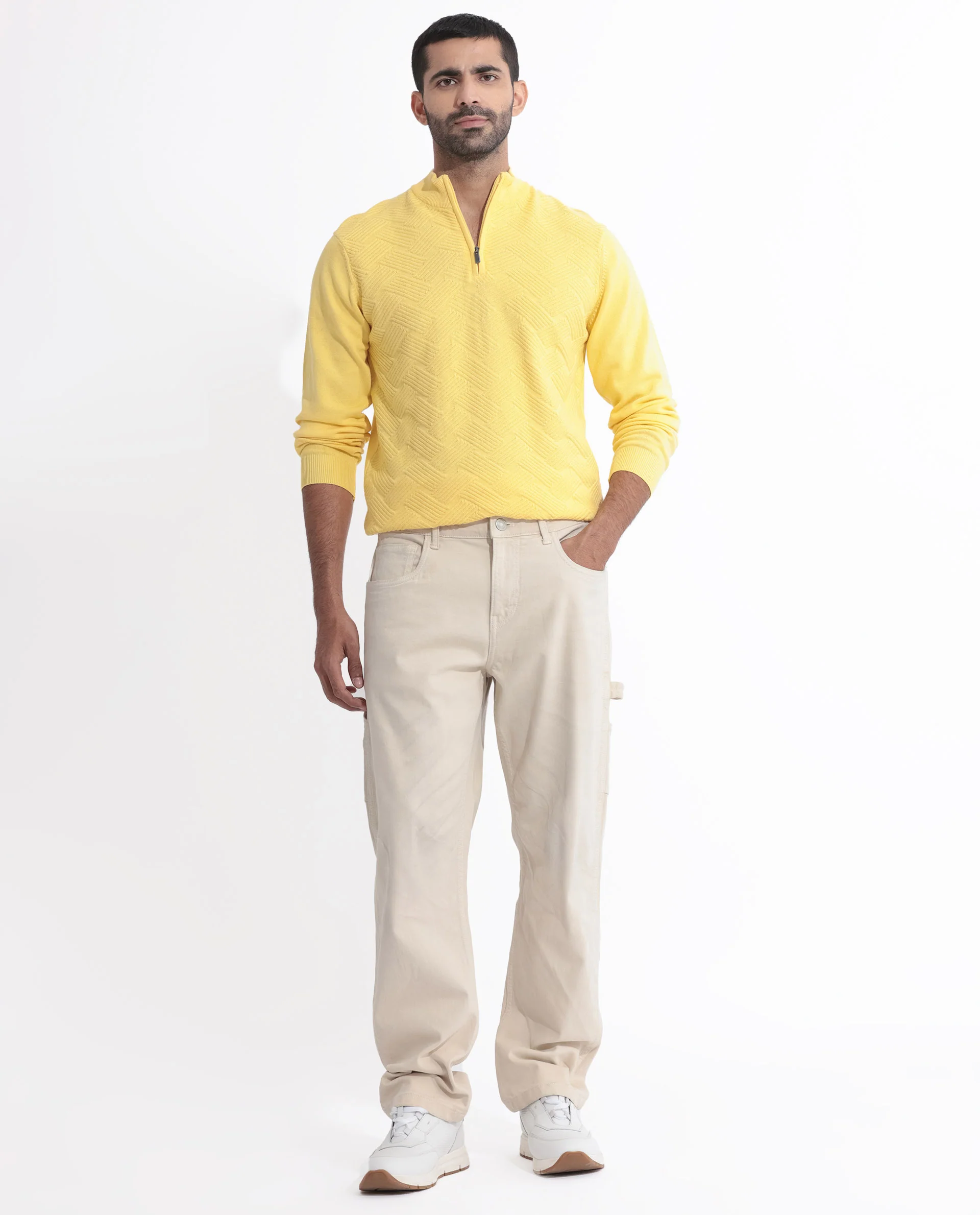 Rare Rabbit Men's Troyo Yellow Cotton Textured Relaxed Fit Full Sleeve High Neck Sweater - Image 7