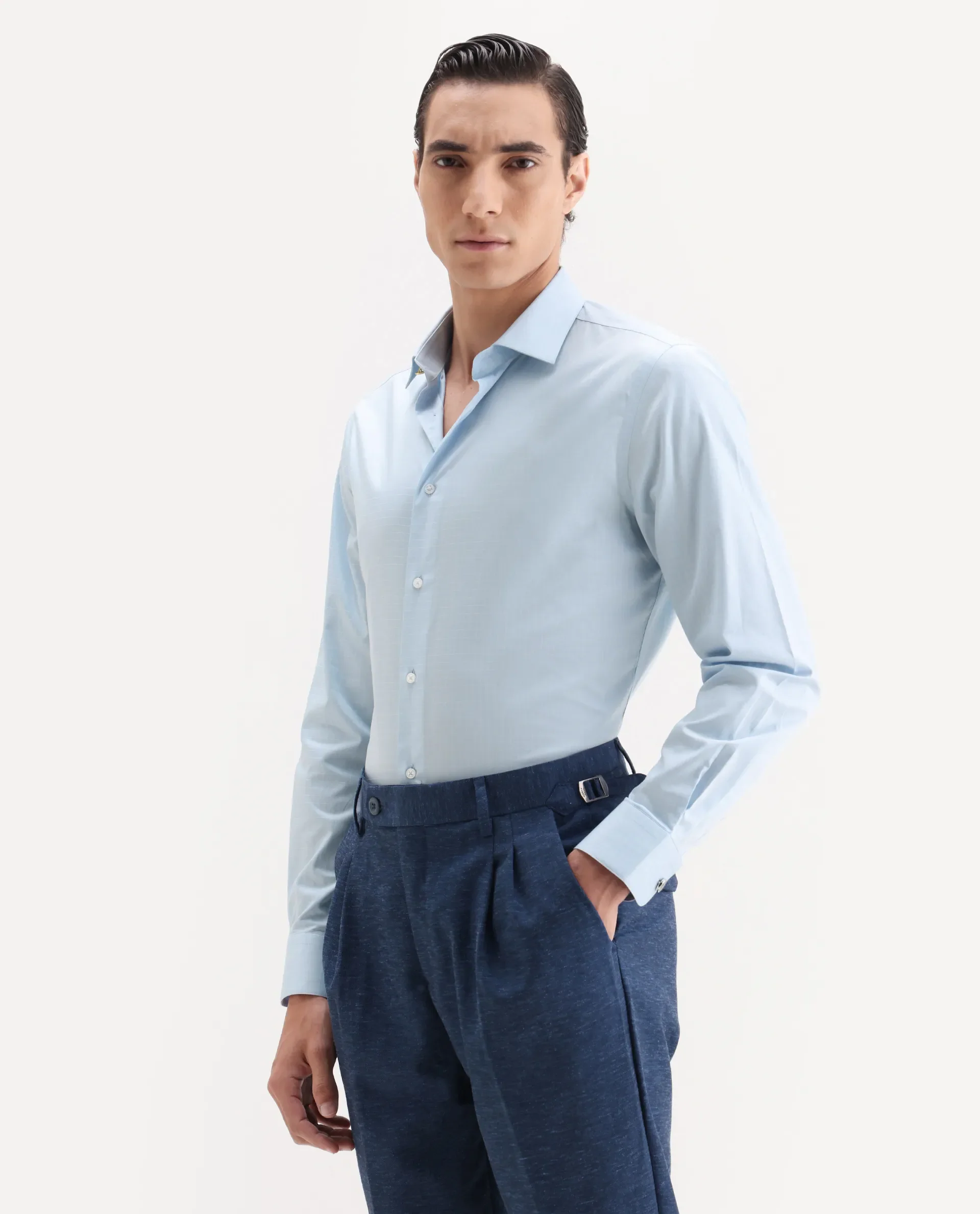 Rare Rabbit Men's Truc Blue Cotton Fabric Full Sleeve Regular Fit Plain Shirt - Image 5