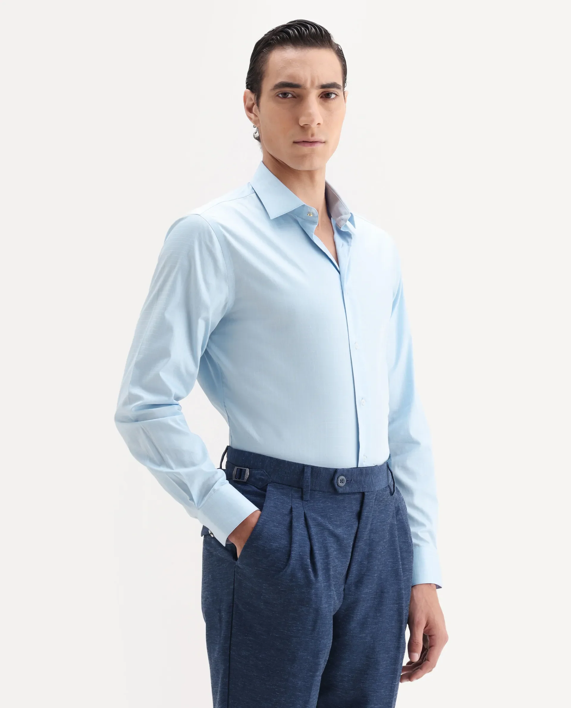 Rare Rabbit Men's Truc Blue Cotton Fabric Full Sleeve Regular Fit Plain Shirt - Image 6
