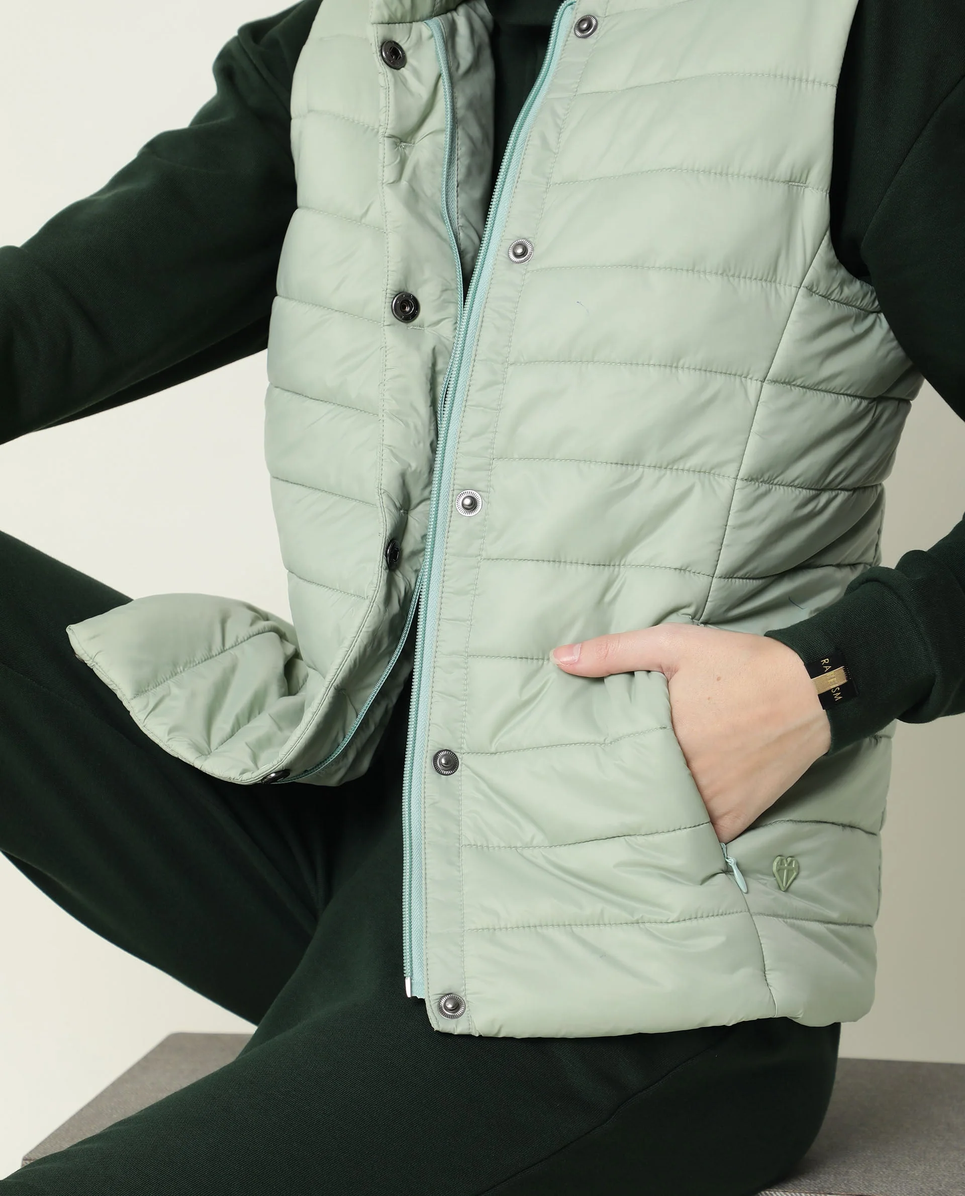 Rareism Women's Trunk Green Hooded Plain Sleeveless Regular Fit Jacket - Image 2