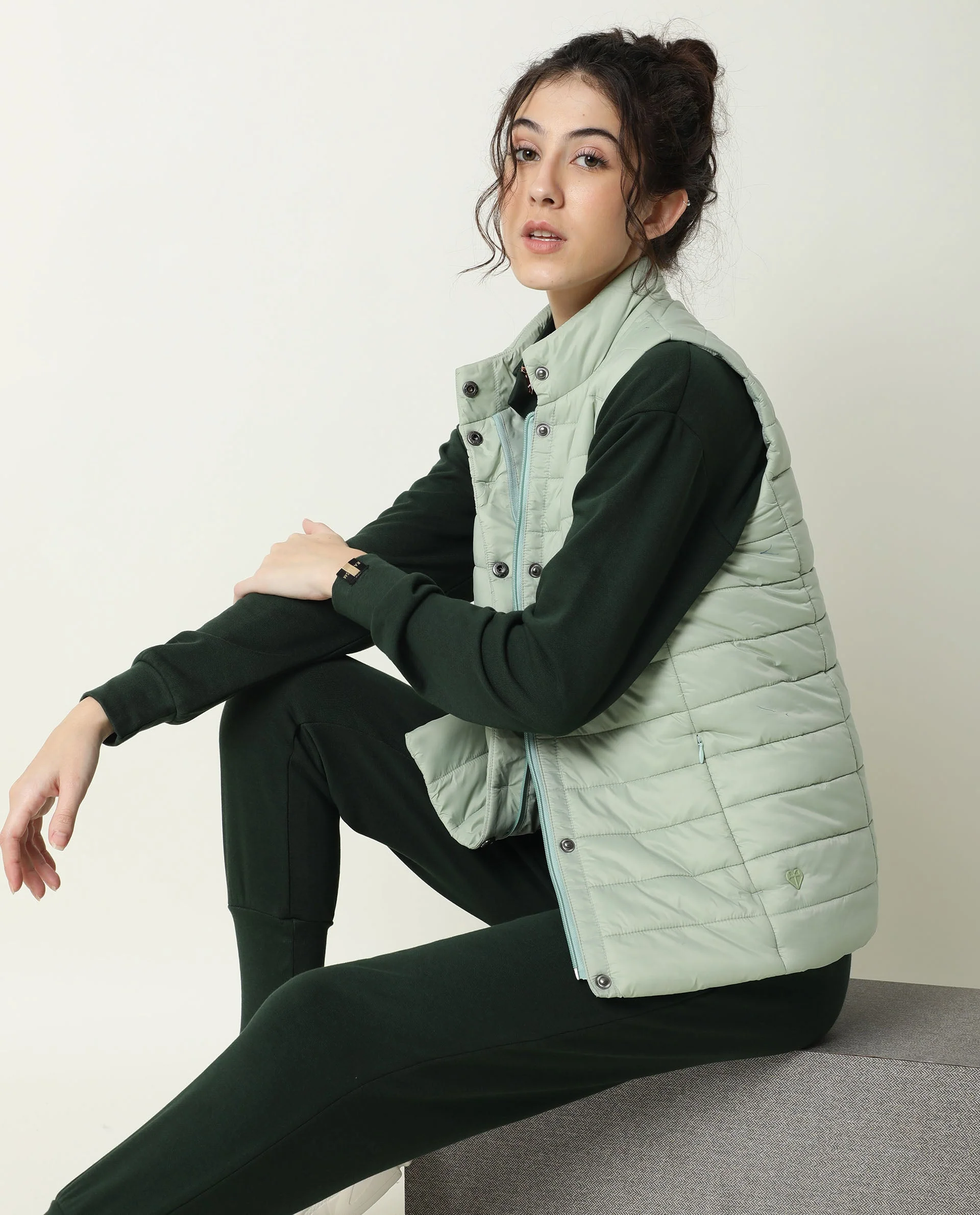 Rareism Women's Trunk Green Hooded Plain Sleeveless Regular Fit Jacket - Image 4