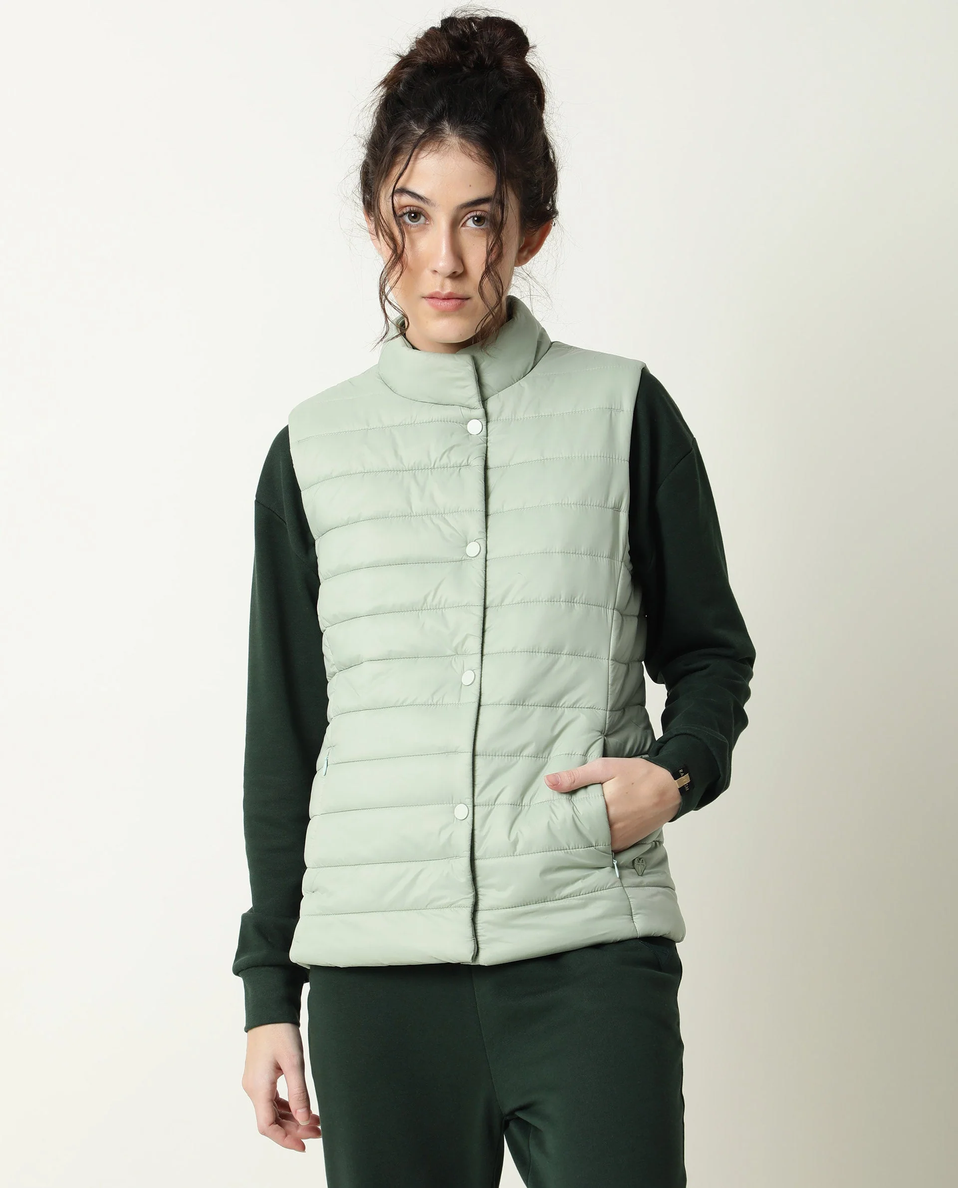 Rareism Women's Trunk Green Hooded Plain Sleeveless Regular Fit Jacket - Image 5