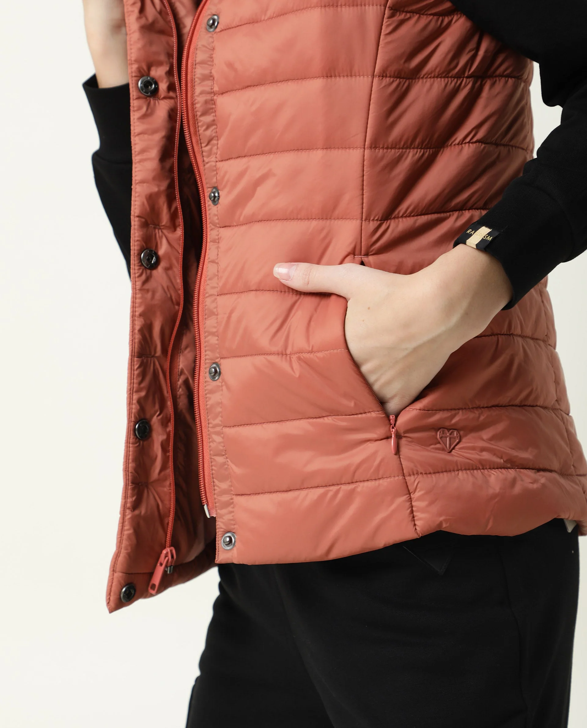 Rareism Women's Trunk Rust Hooded Plain Sleeveless Regular Fit Jacket - Image 3