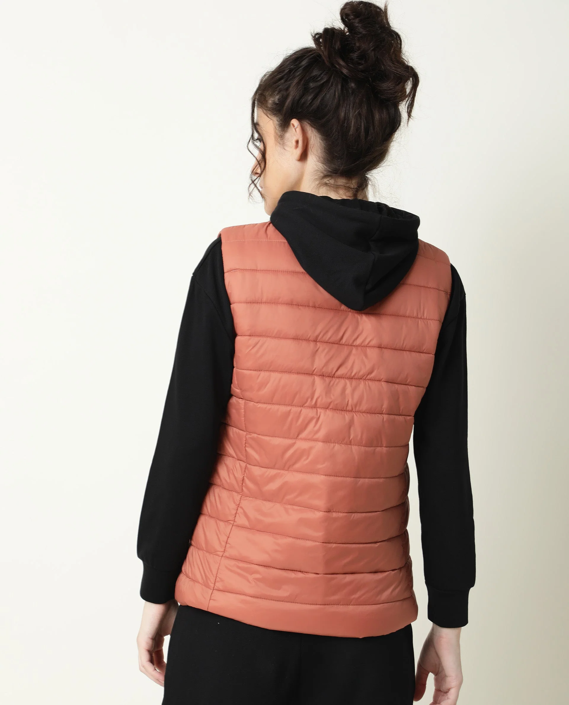 Rareism Women's Trunk Rust Hooded Plain Sleeveless Regular Fit Jacket - Image 4