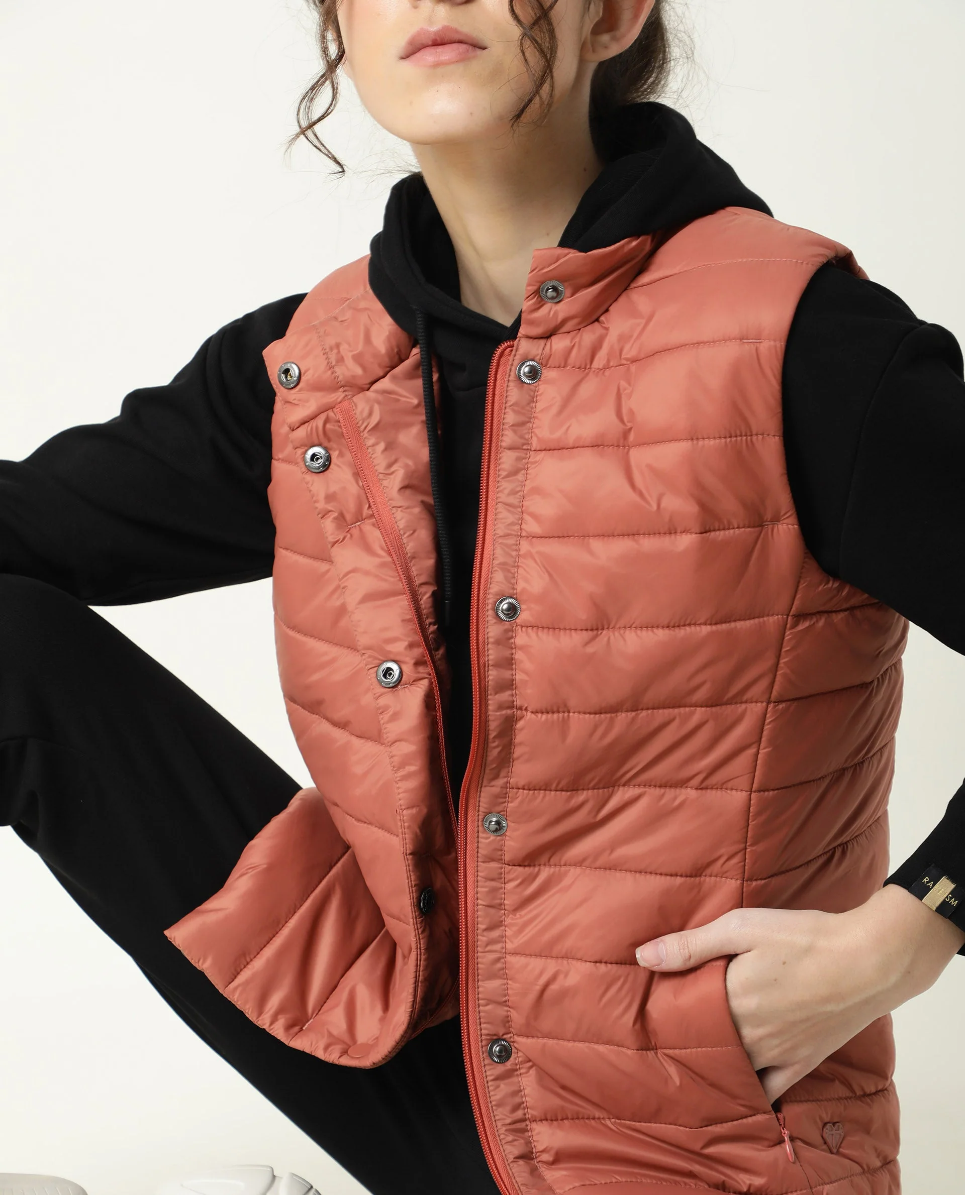 Rareism Women's Trunk Rust Hooded Plain Sleeveless Regular Fit Jacket - Image 5