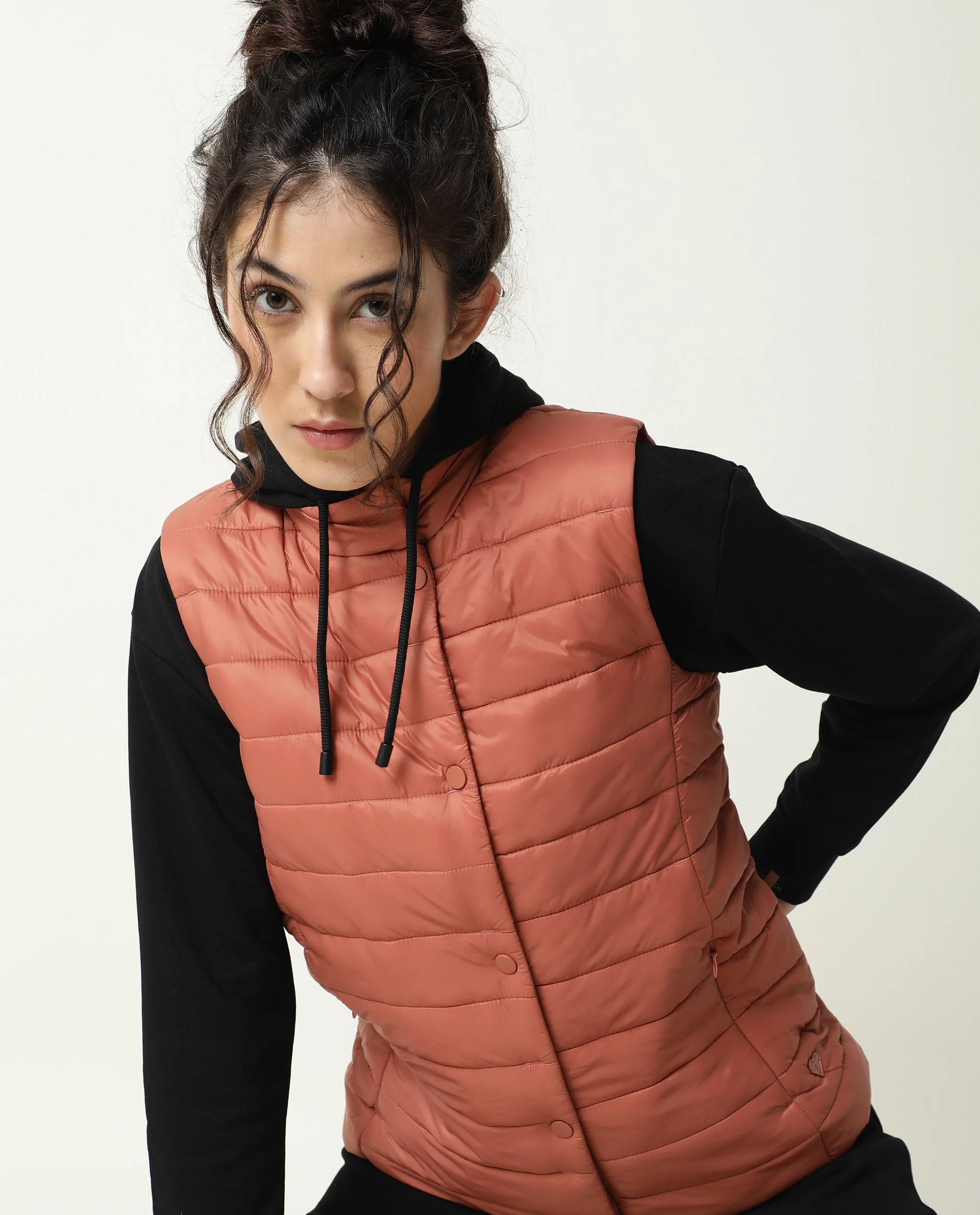 Rareism Women's Trunk Rust Hooded Plain Sleeveless Regular Fit Jacket - Image 7