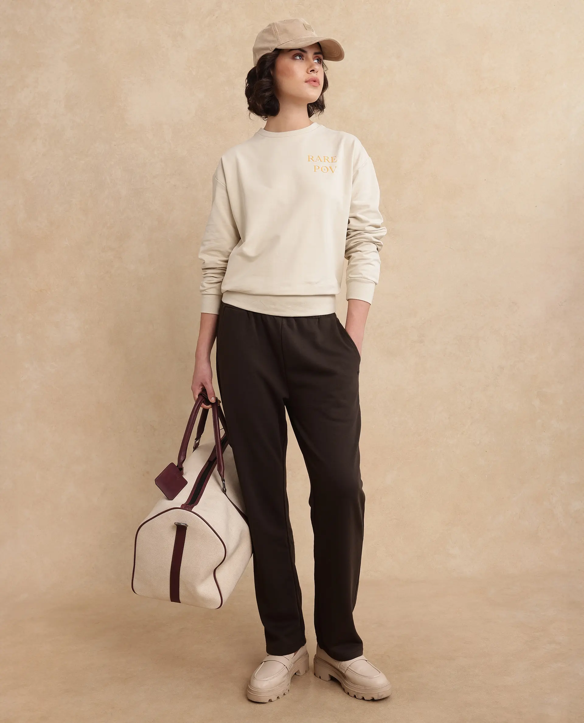 Rareism Women's Trunky Brown Cotton Blend Plain Ankle Length Straight Fit Track Pant