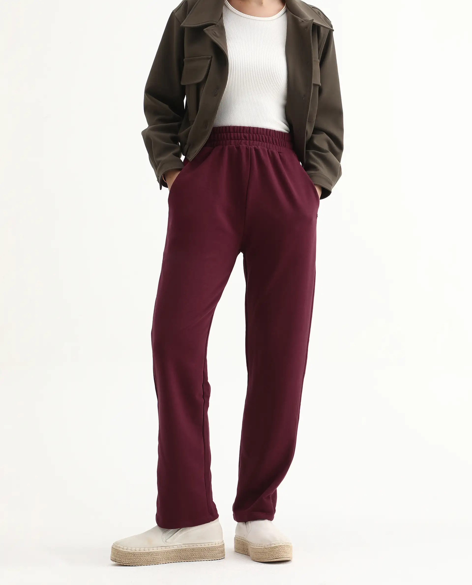 Rareism Women's Trunky Maroon Cotton Blend Plain Ankle Length Straight Fit Track Pant - Image 2