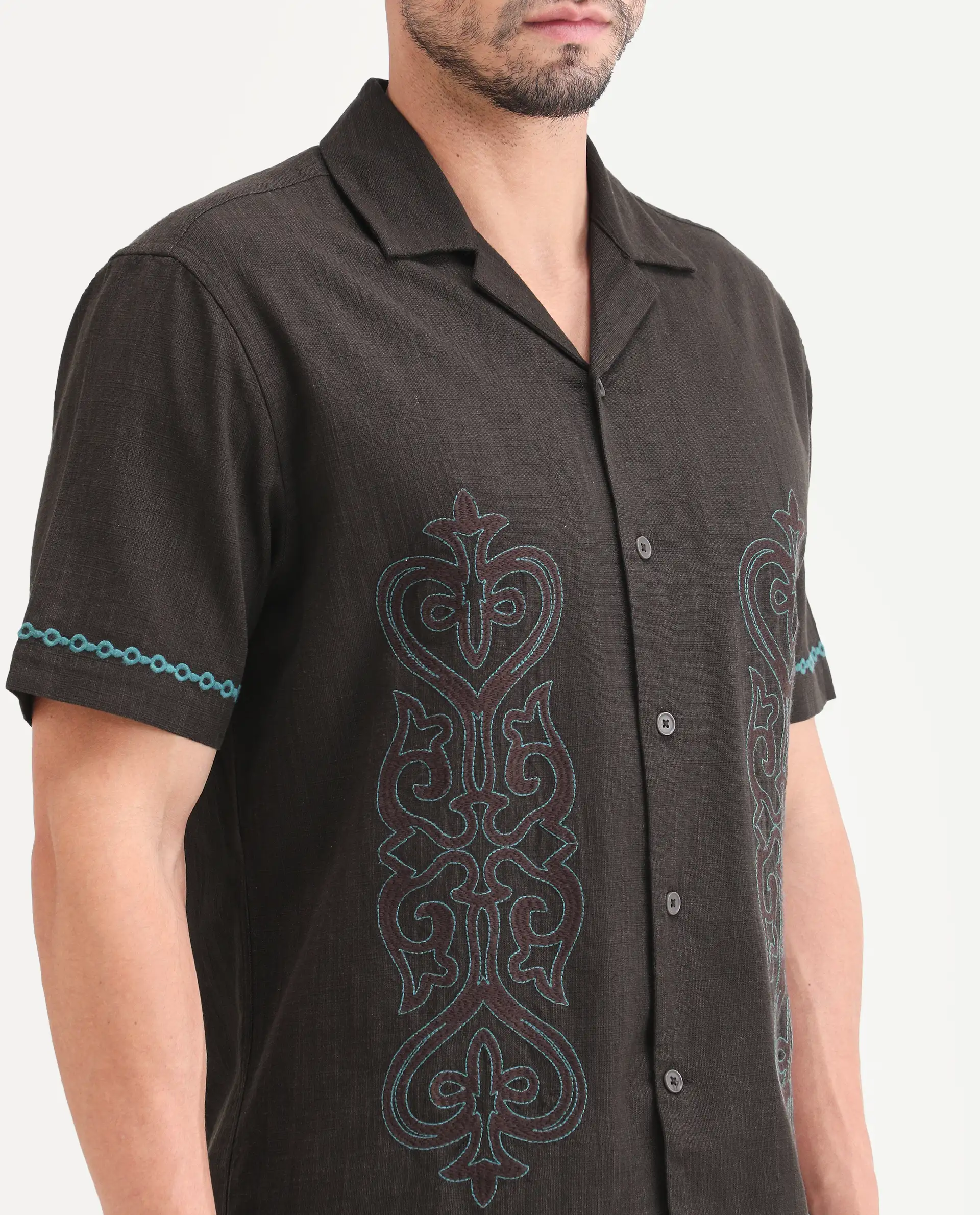 Rare Rabbit Men's Truz Dark Brown Cotton Blend Fabric Half Sleeve Cuban Collar Relaxed Fit Embroidered Shirt - Image 3