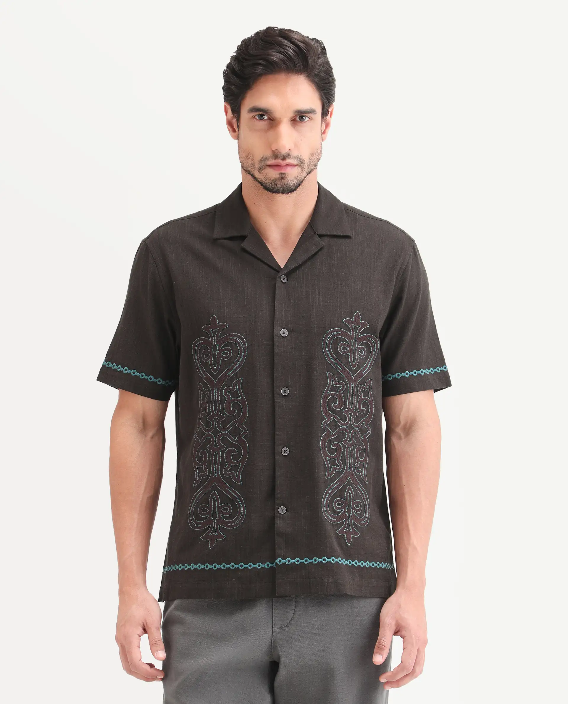 Rare Rabbit Men's Truz Dark Brown Cotton Blend Fabric Half Sleeve Cuban Collar Relaxed Fit Embroidered Shirt - Image 4