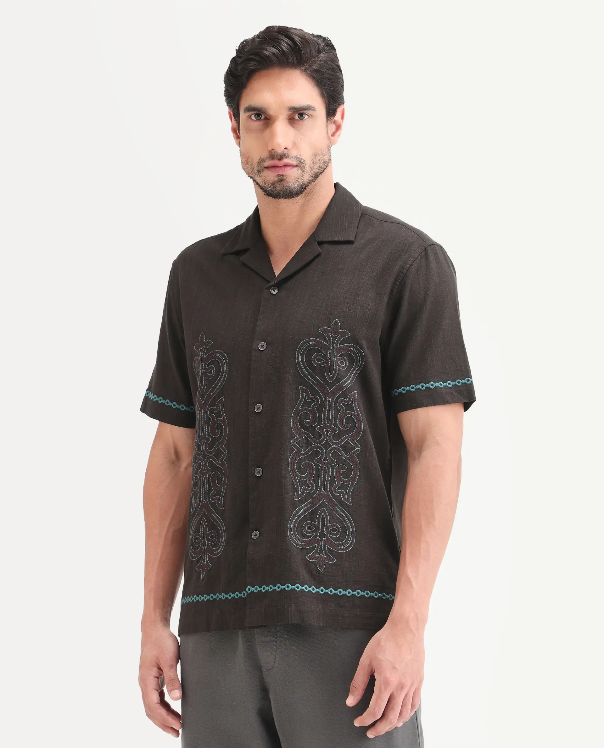 Rare Rabbit Men's Truz Dark Brown Cotton Blend Fabric Half Sleeve Cuban Collar Relaxed Fit Embroidered Shirt - Image 5
