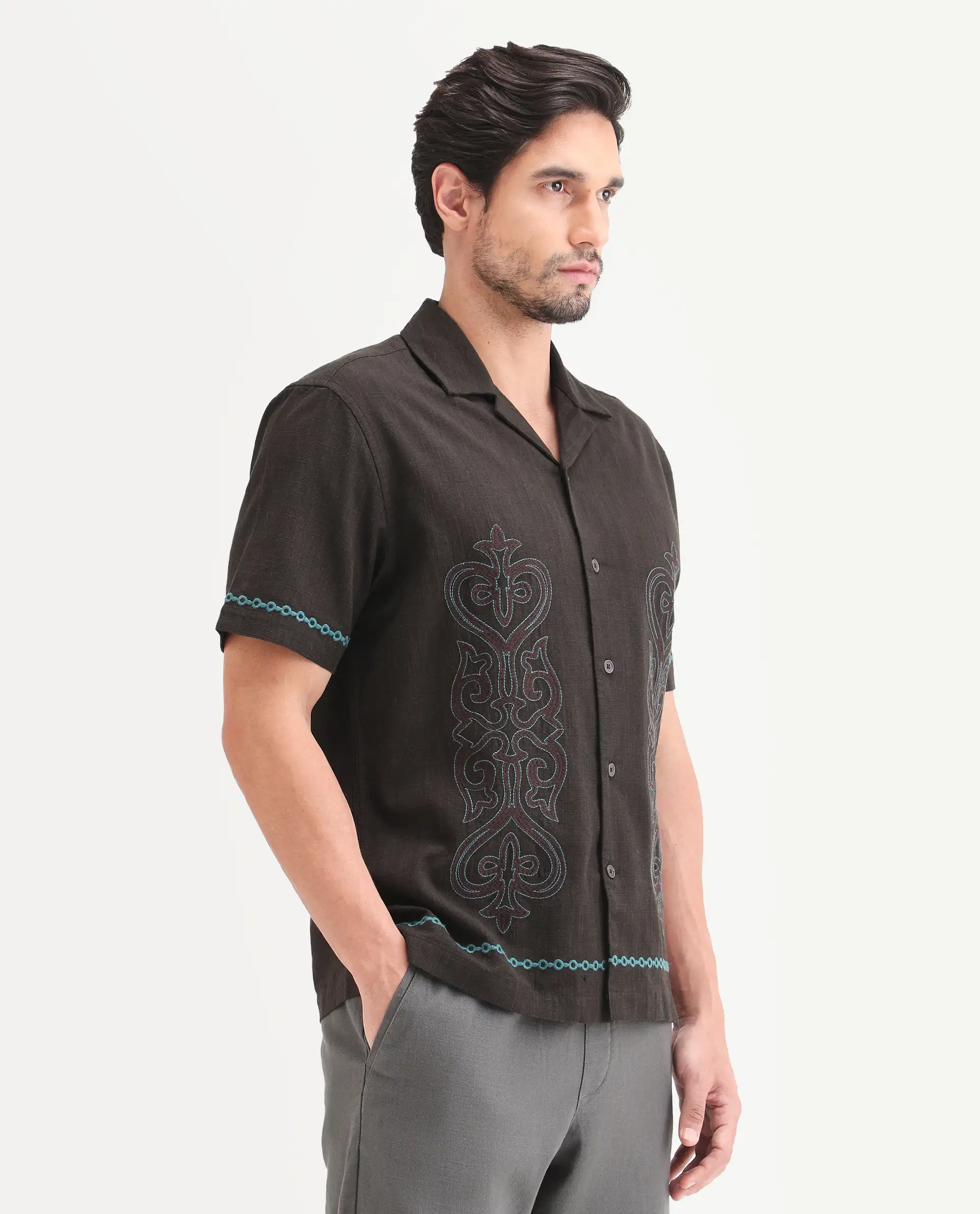Rare Rabbit Men's Truz Dark Brown Cotton Blend Fabric Half Sleeve Cuban Collar Relaxed Fit Embroidered Shirt - Image 6