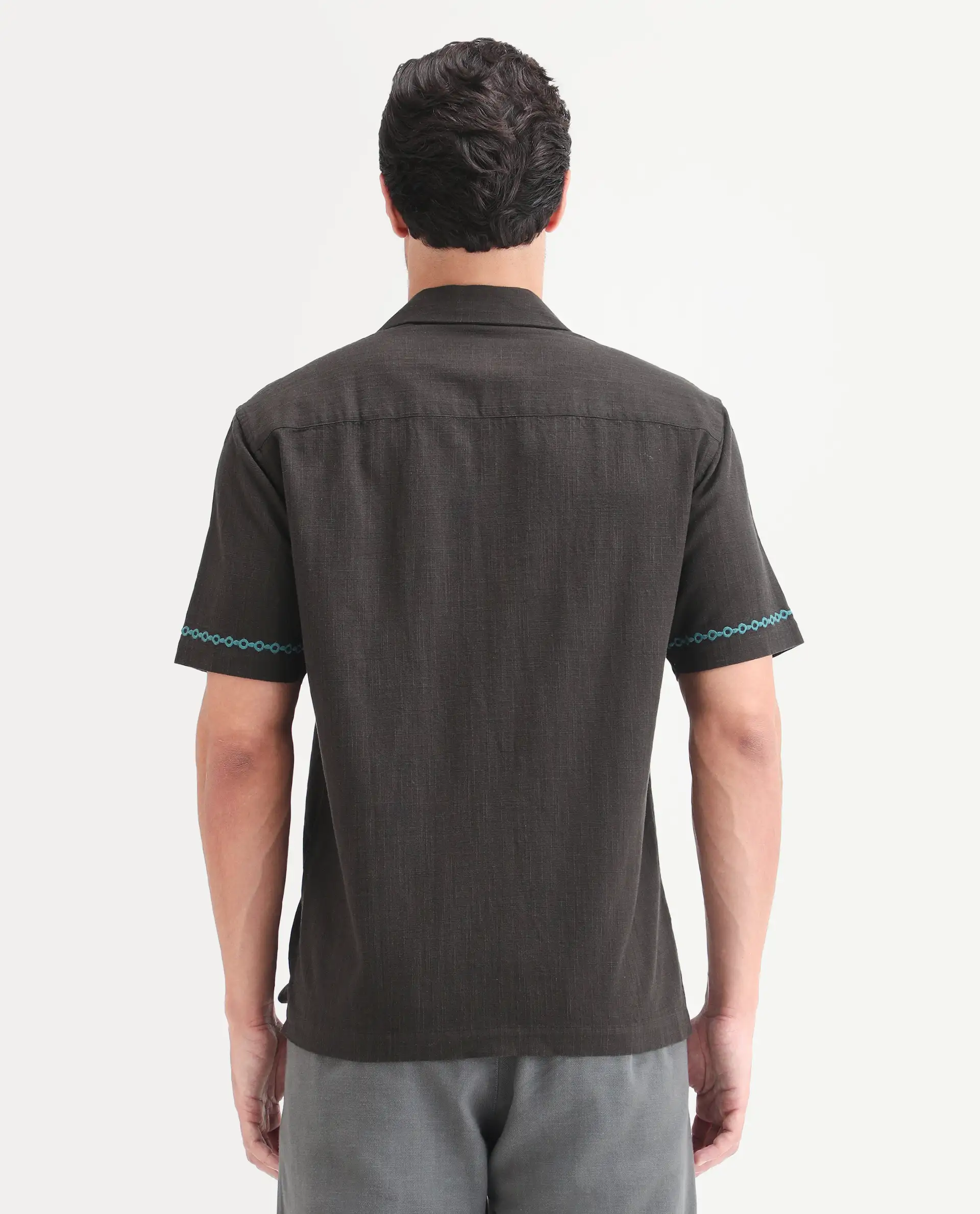 Rare Rabbit Men's Truz Dark Brown Cotton Blend Fabric Half Sleeve Cuban Collar Relaxed Fit Embroidered Shirt - Image 7