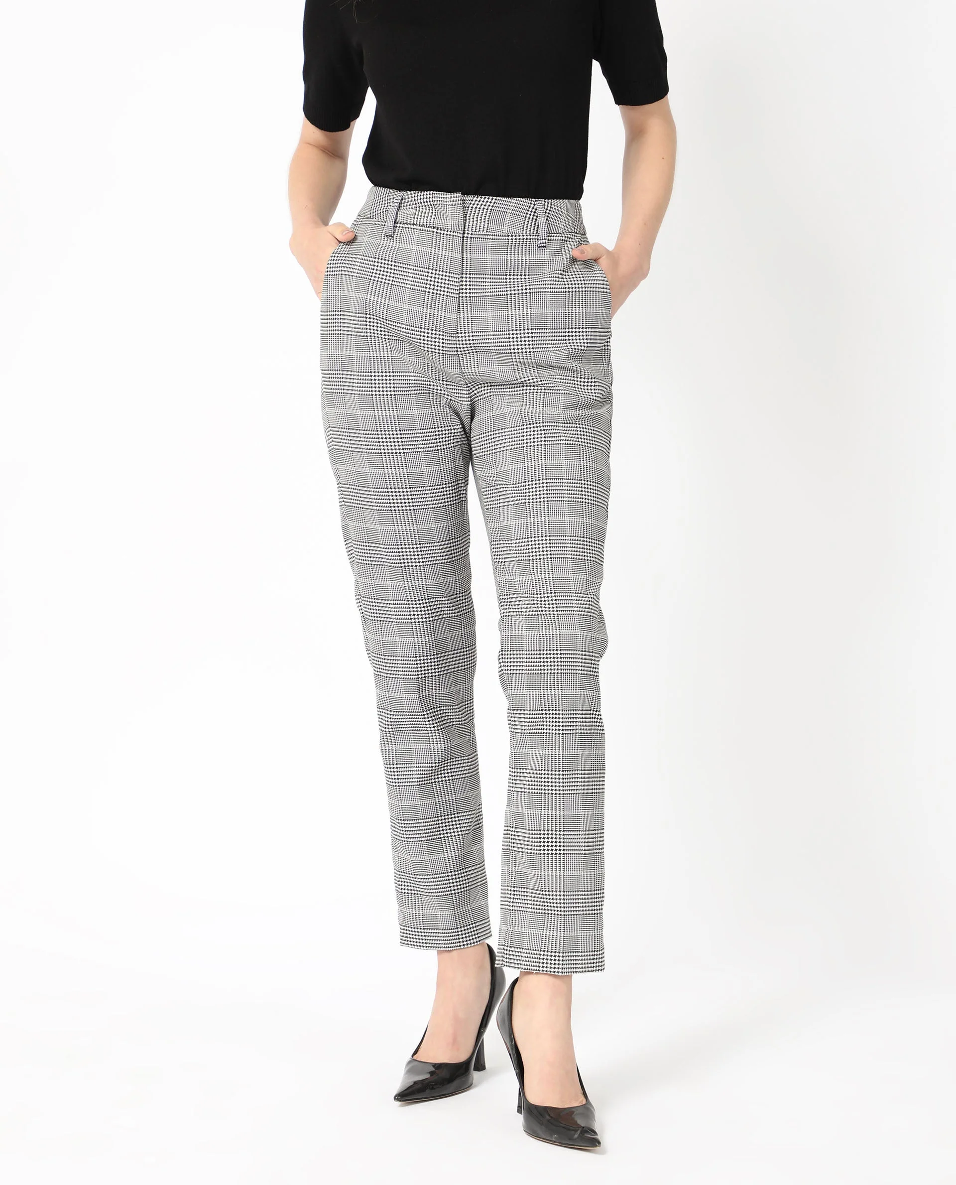 Rareism Women's Tucila Black Polyester Checked Ankle Length Tailored Trouser
