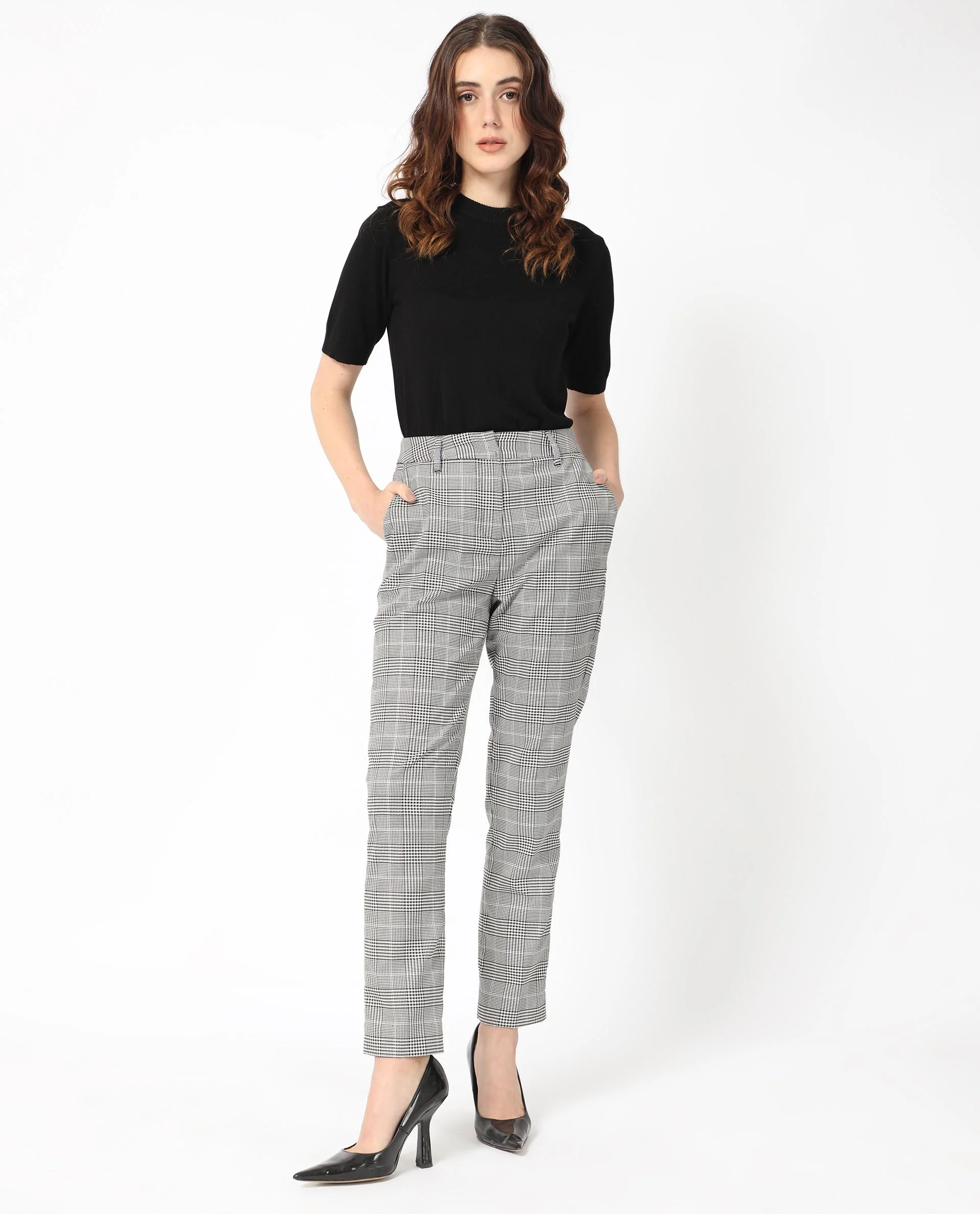 Rareism Women's Tucila Black Polyester Checked Ankle Length Tailored Trouser - Image 4
