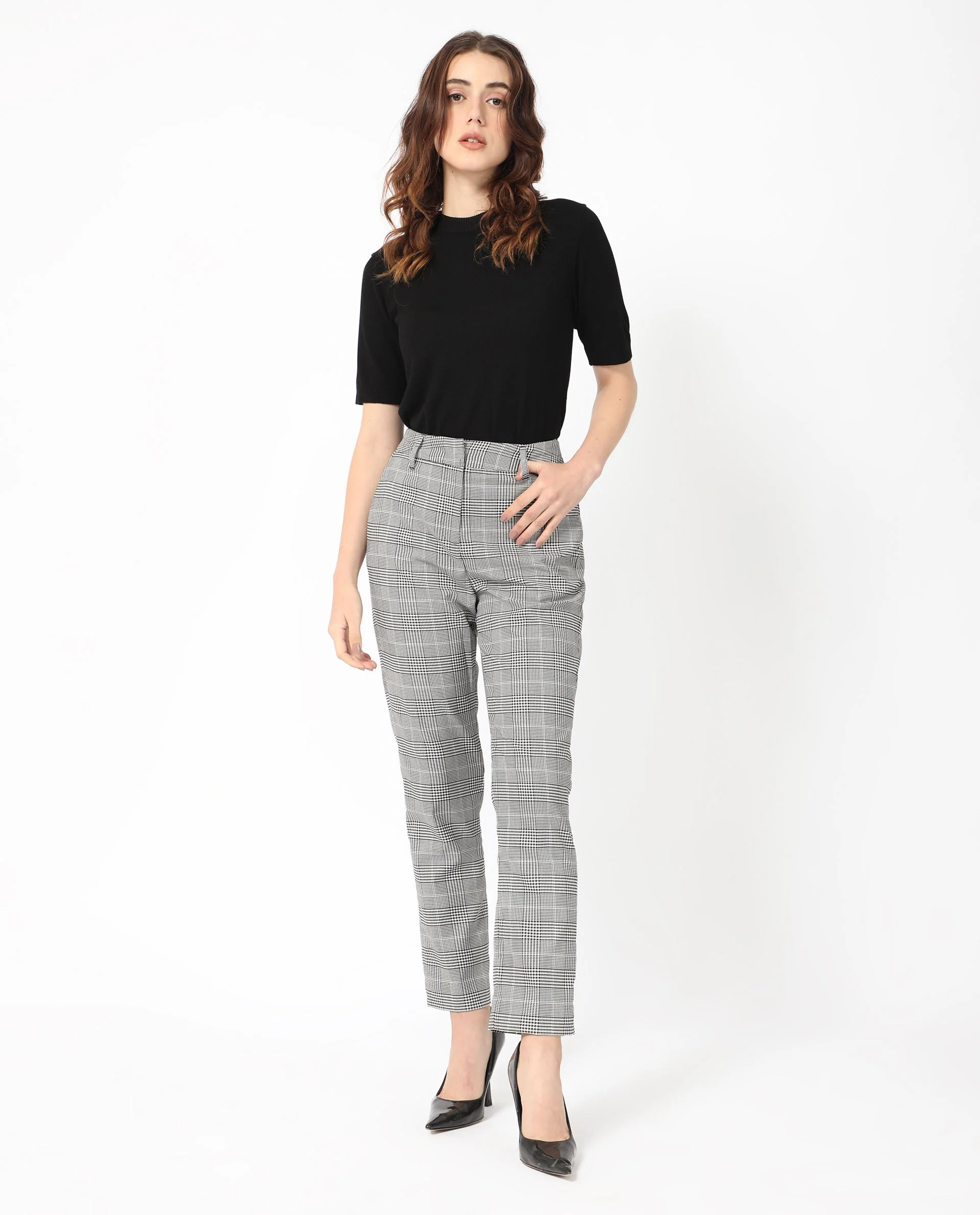 Rareism Women's Tucila Black Polyester Checked Ankle Length Tailored Trouser - Image 8
