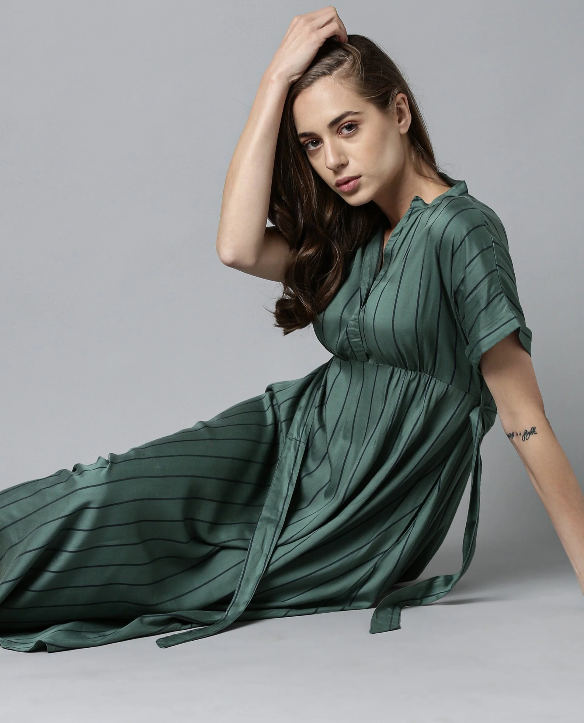 Rareism Women Tudor Green Dress Full Sleeves Stripe - Image 2