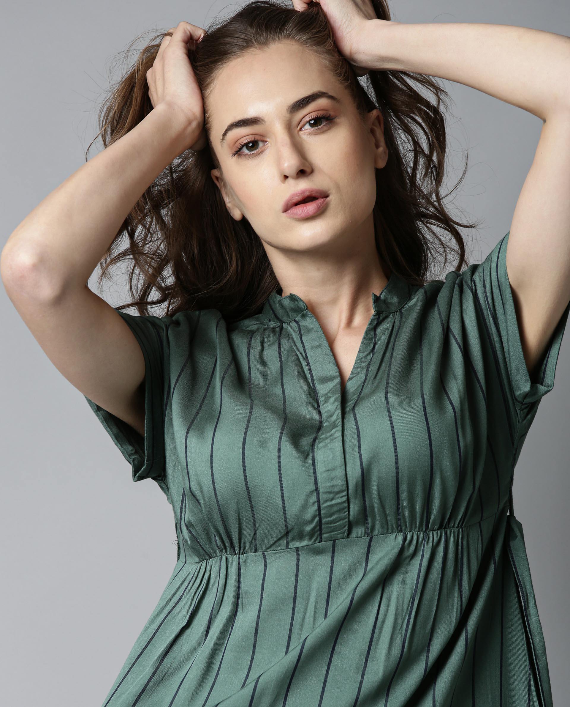 Rareism Women Tudor Green Dress Full Sleeves Stripe - Image 3