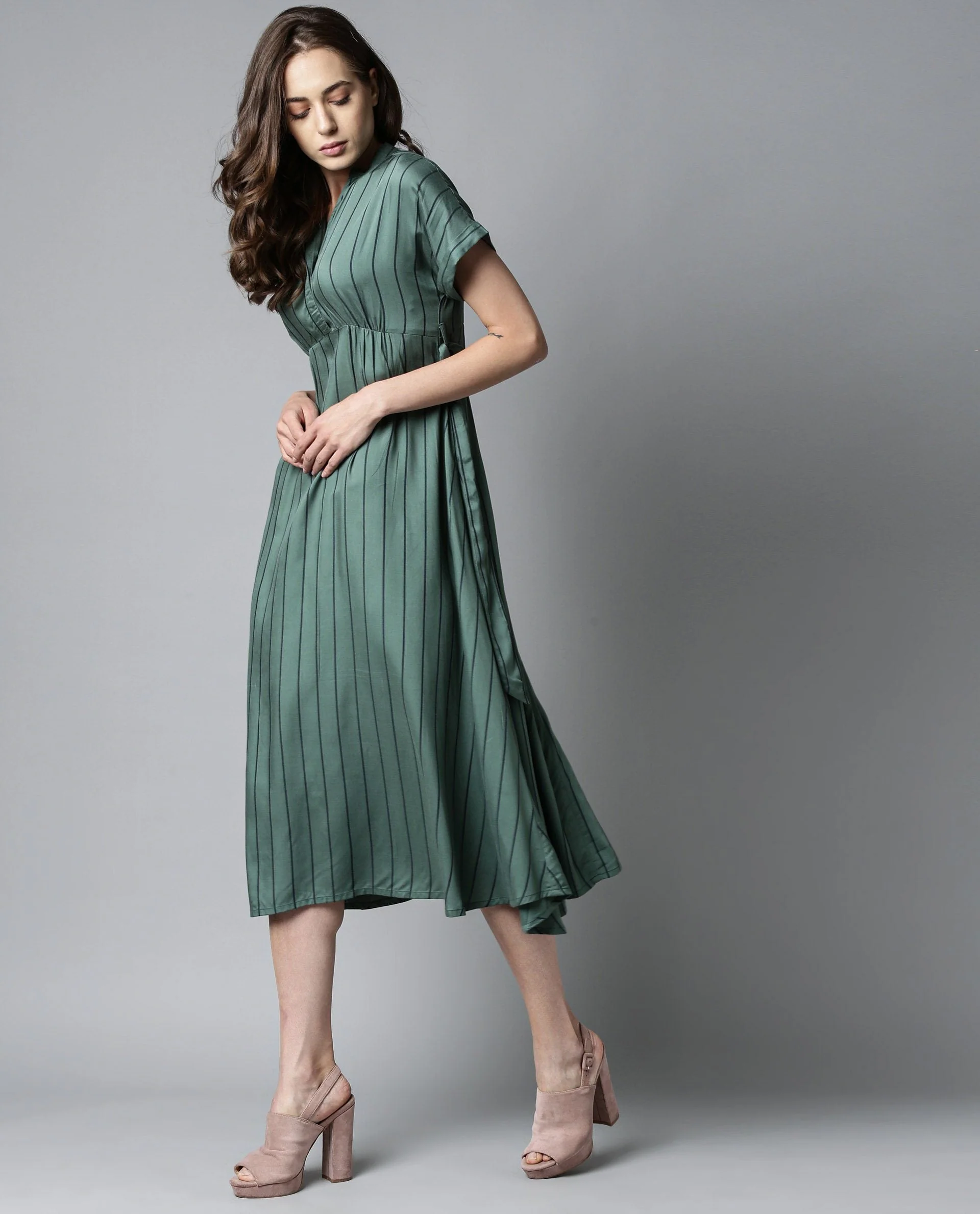 Rareism Women Tudor Green Dress Full Sleeves Stripe - Image 4
