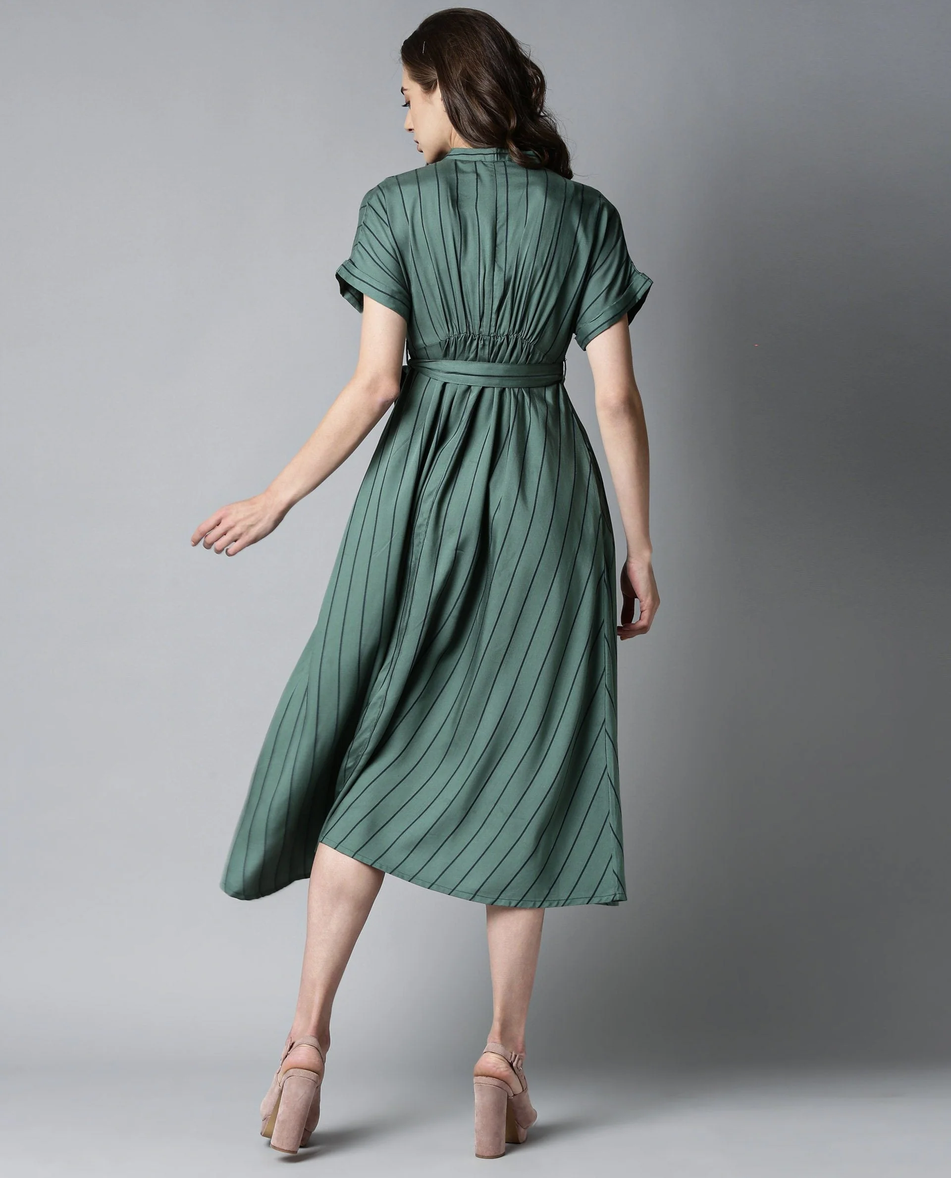 Rareism Women Tudor Green Dress Full Sleeves Stripe - Image 5