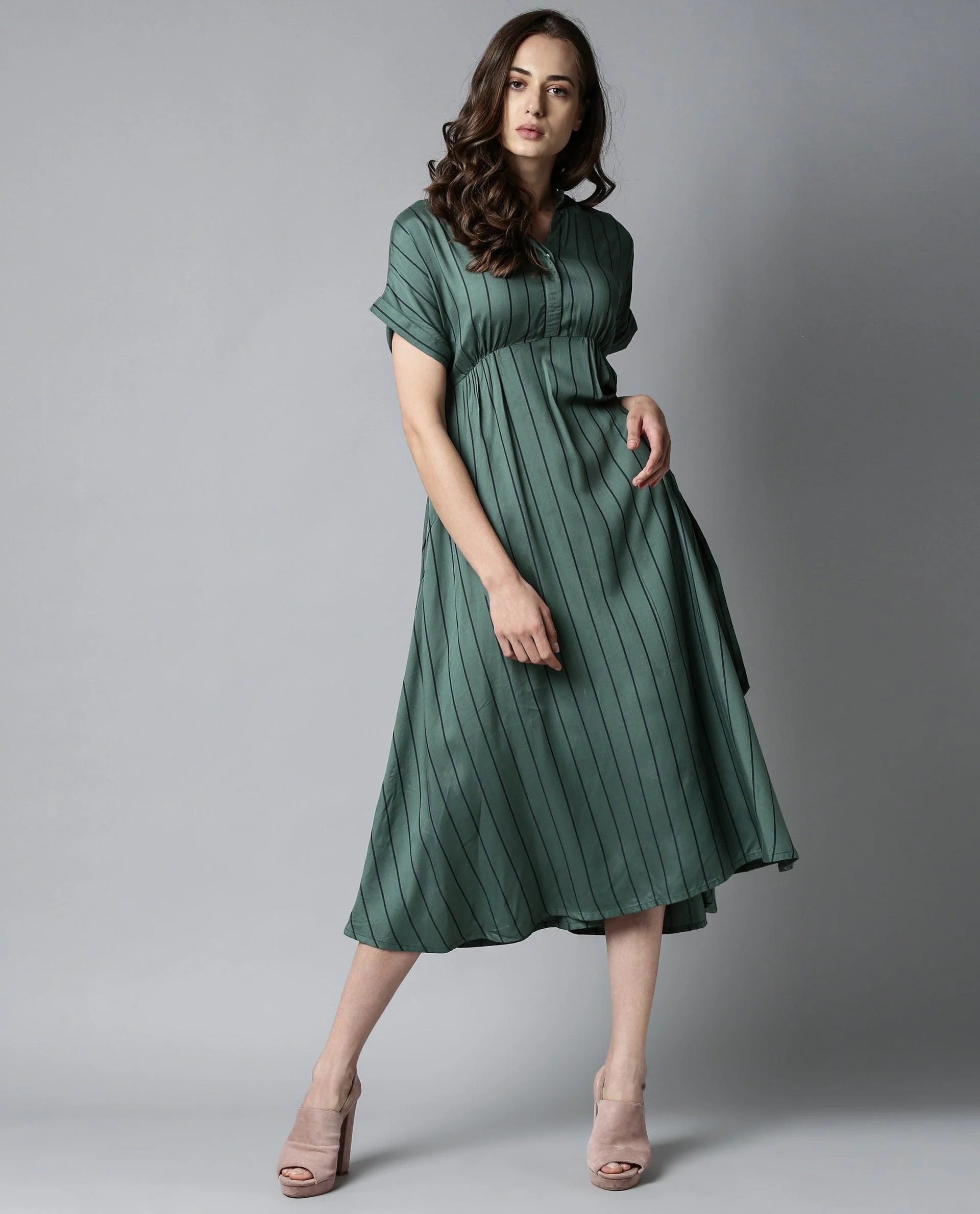 Rareism Women Tudor Green Dress Full Sleeves Stripe - Image 6