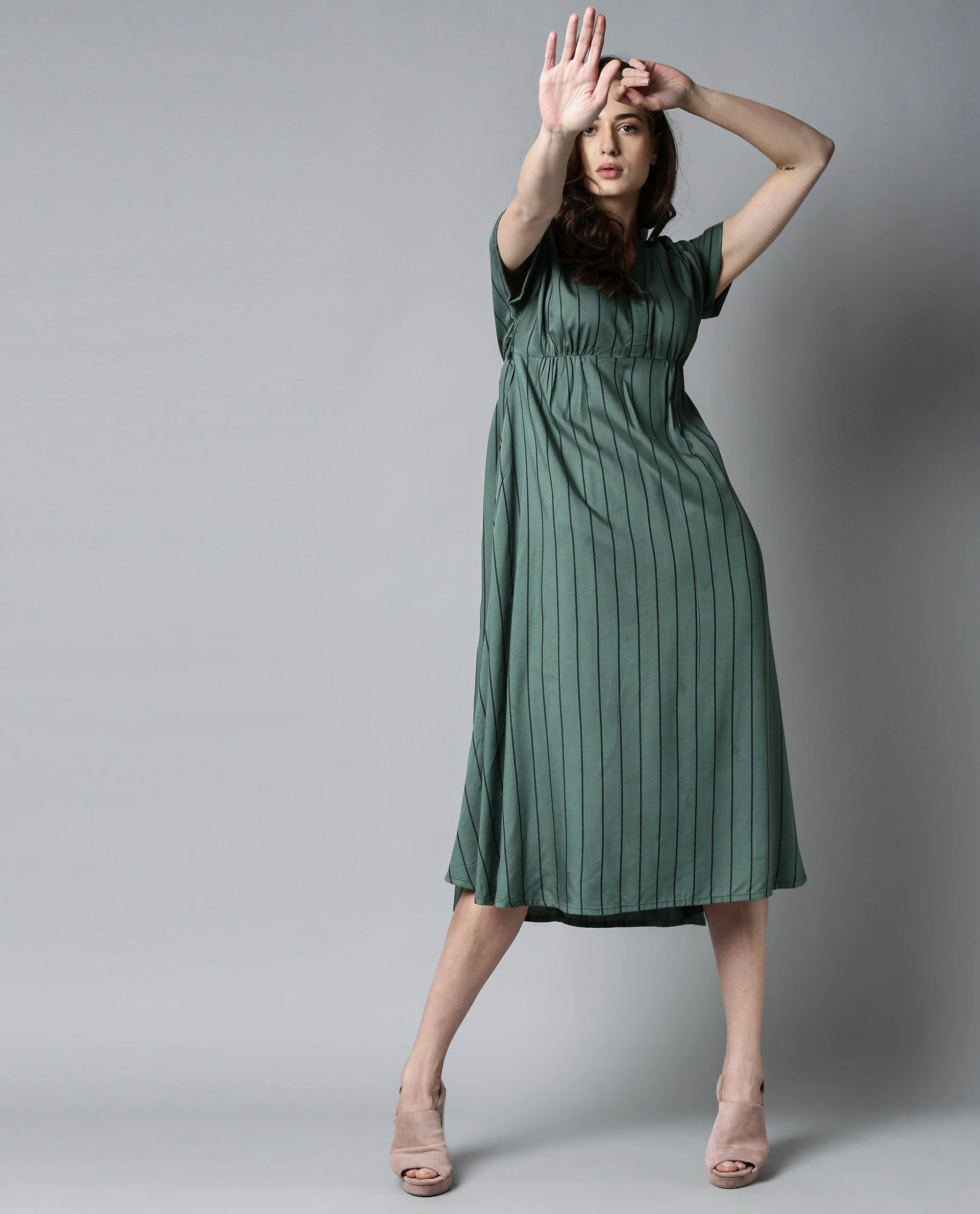 Rareism Women Tudor Green Dress Full Sleeves Stripe - Image 7