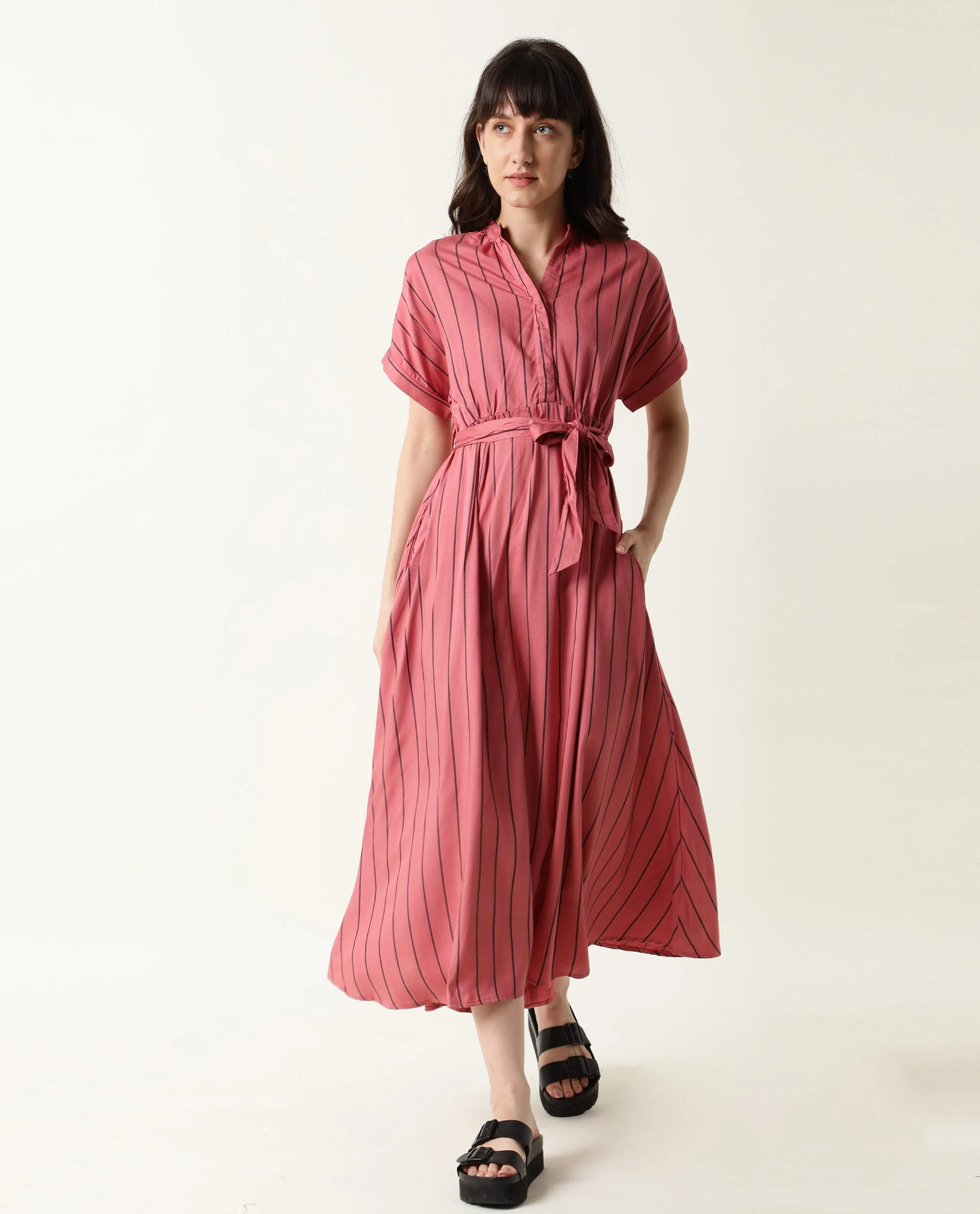 Rareism Women's Tudor Pink Mandarin Collar Striped Knee Length Relaxed Fit Dress
