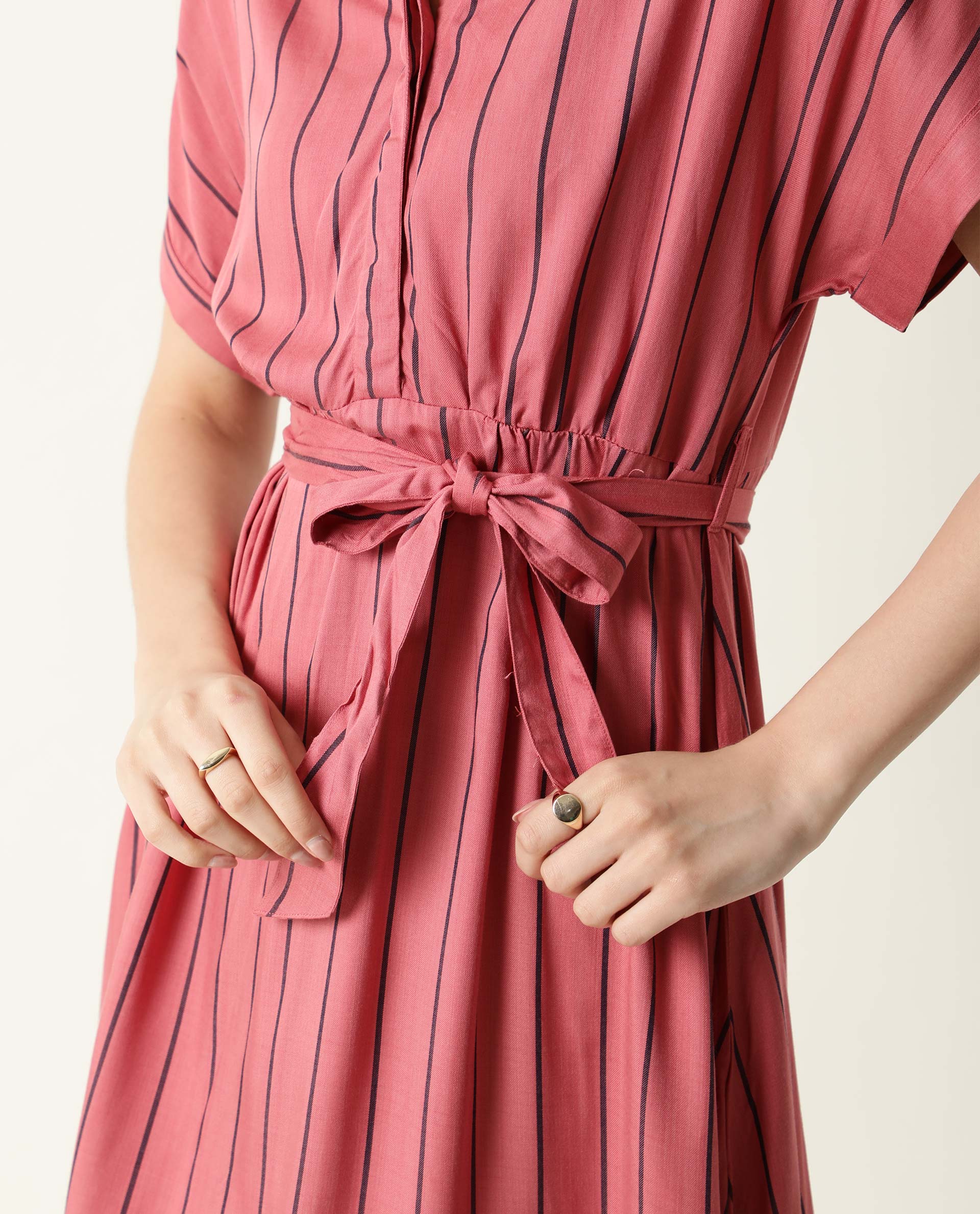 Rareism Women's Tudor Pink Mandarin Collar Striped Knee Length Relaxed Fit Dress - Image 2