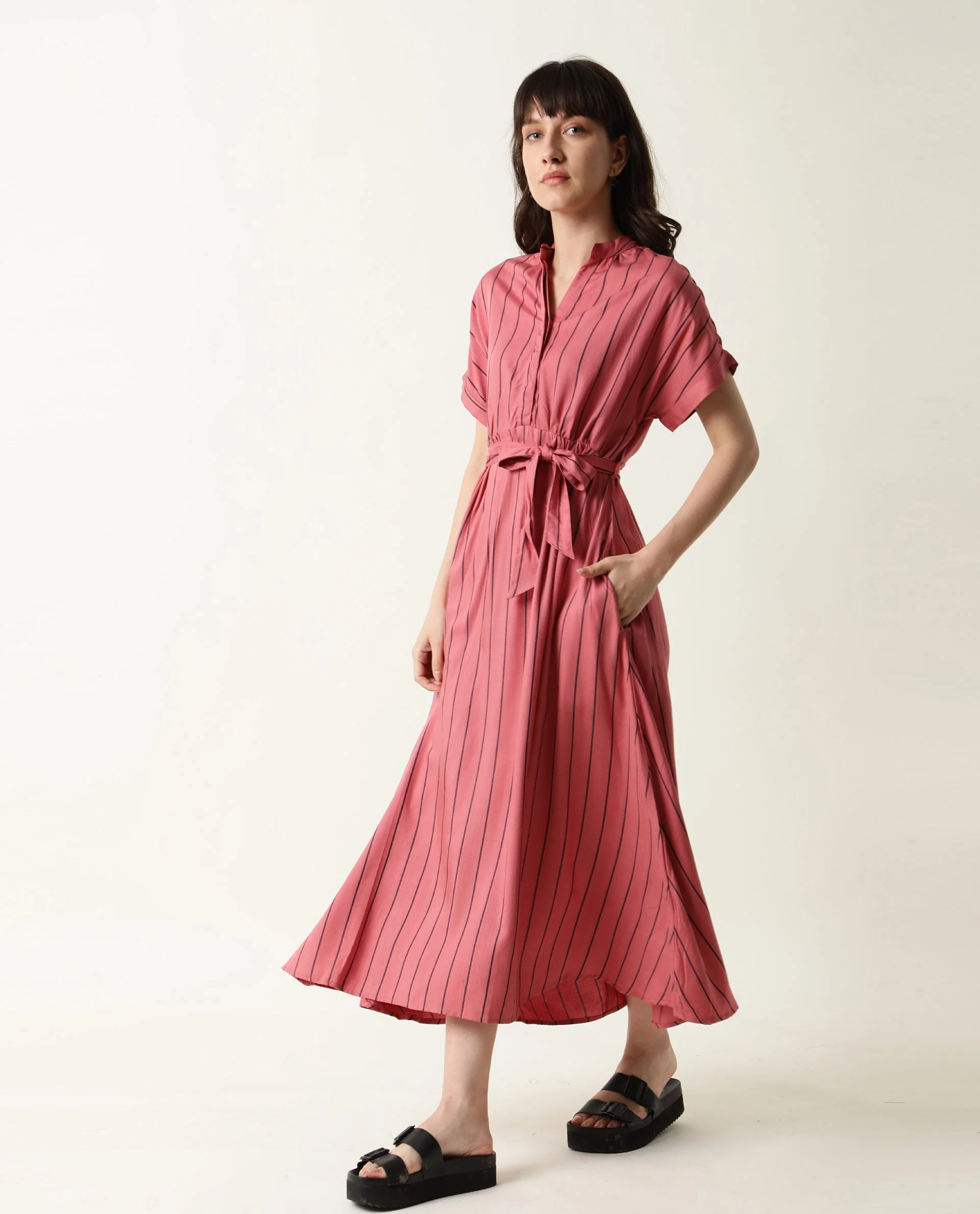 Rareism Women's Tudor Pink Mandarin Collar Striped Knee Length Relaxed Fit Dress - Image 3