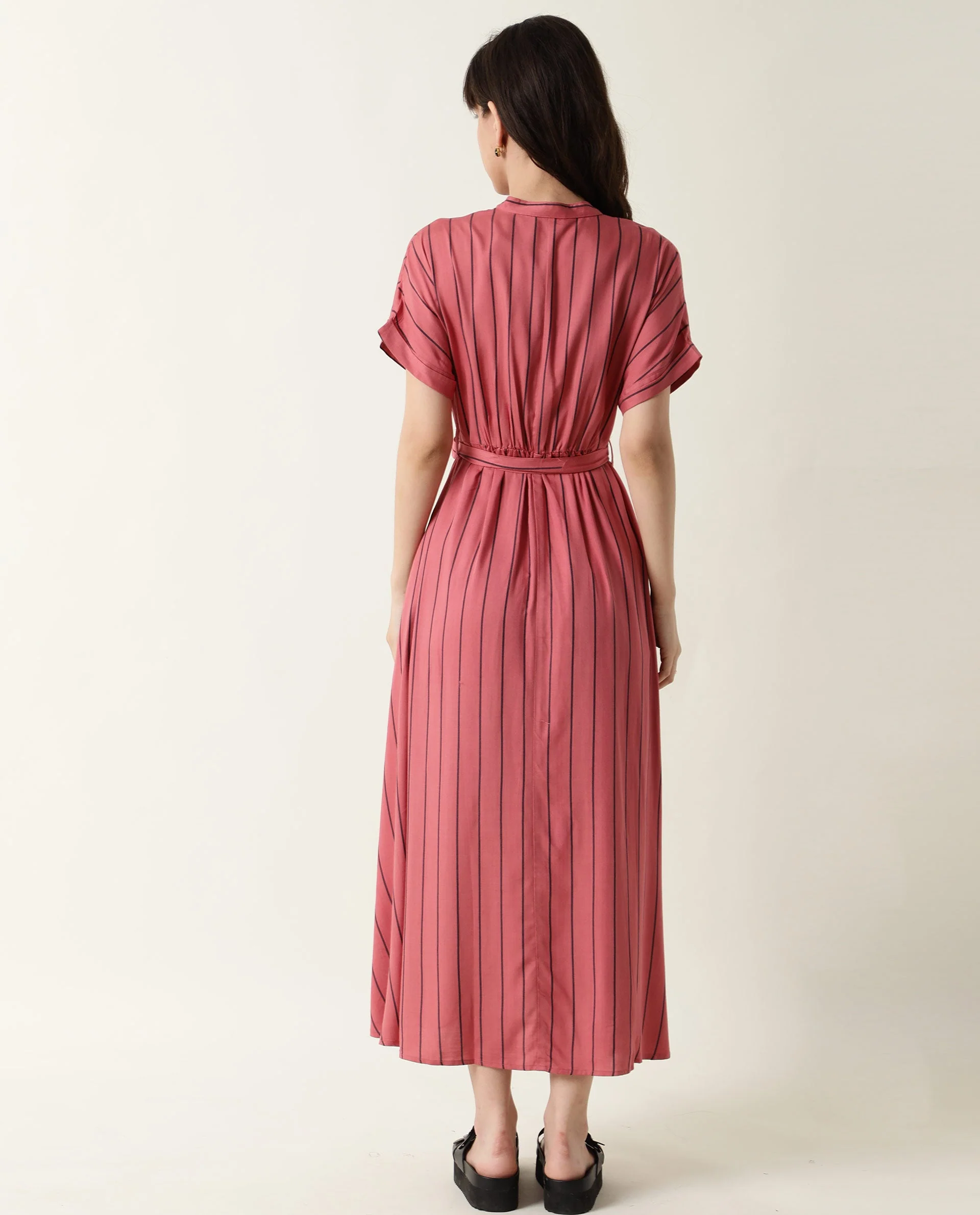 Rareism Women's Tudor Pink Mandarin Collar Striped Knee Length Relaxed Fit Dress - Image 4