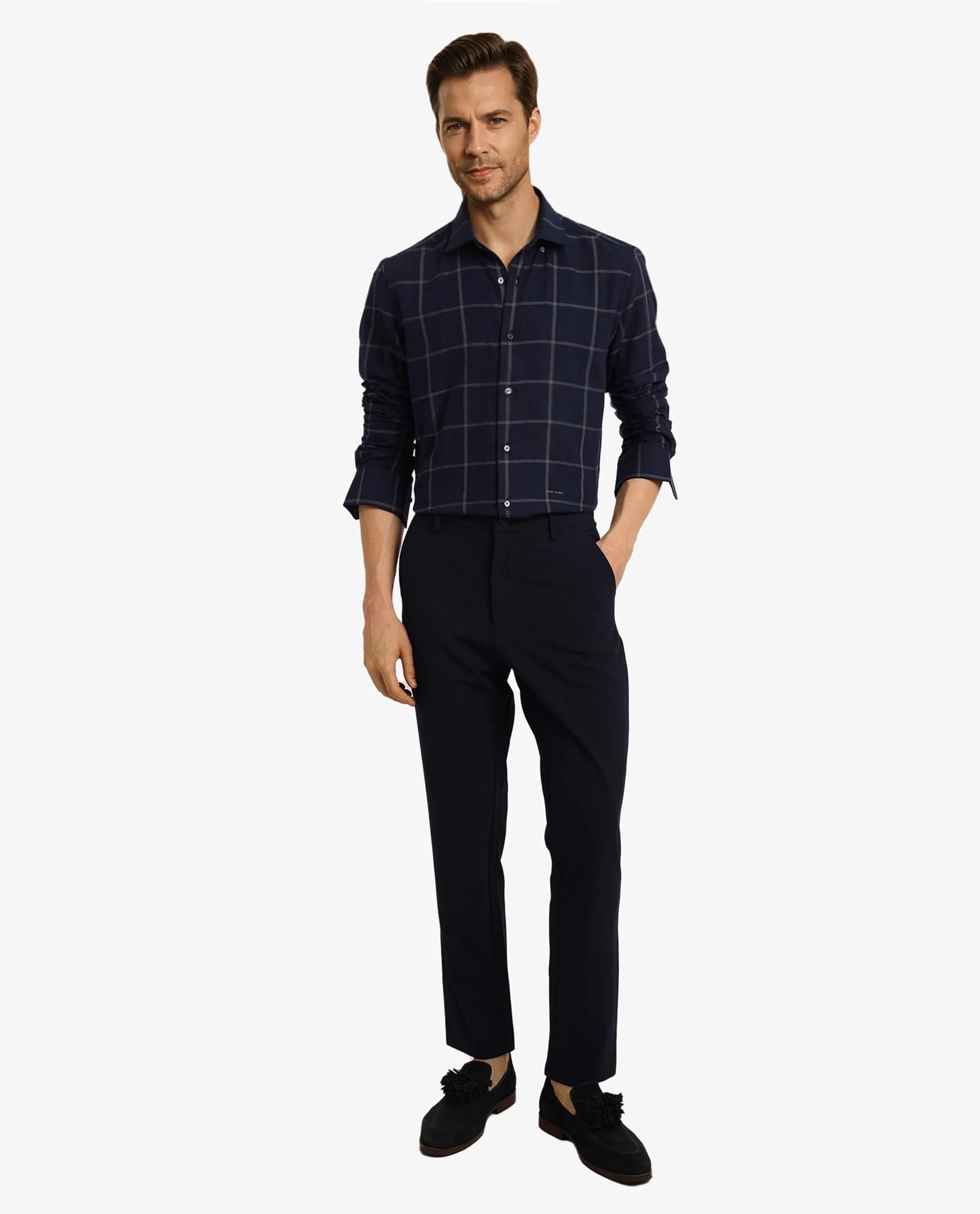 Rare Rabbit Men's Tuffah Dark Navy Cotton Checked Print Regular Fit Full Sleeve Collared Shirt - Image 2