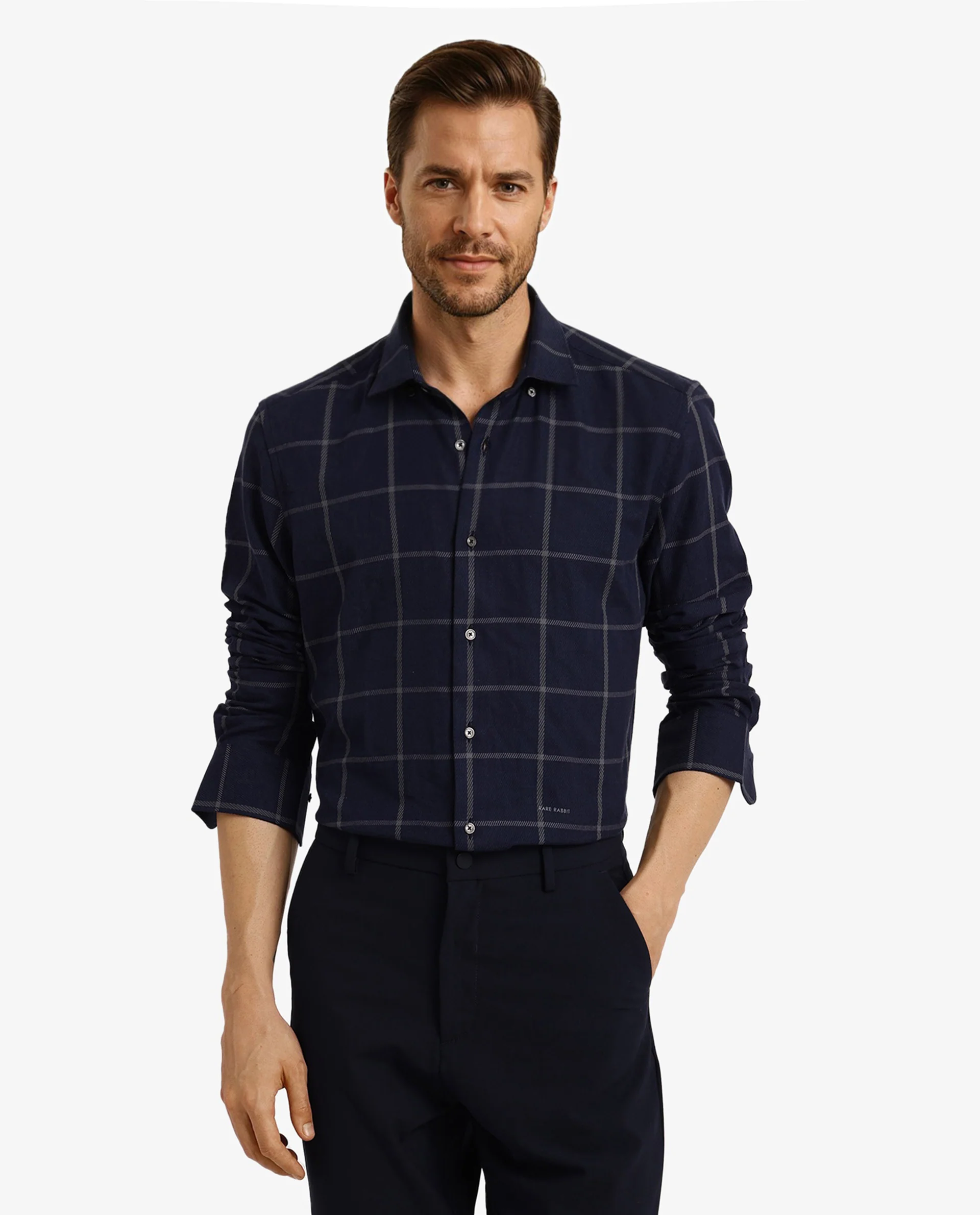 Rare Rabbit Men's Tuffah Dark Navy Cotton Checked Print Regular Fit Full Sleeve Collared Shirt - Image 4